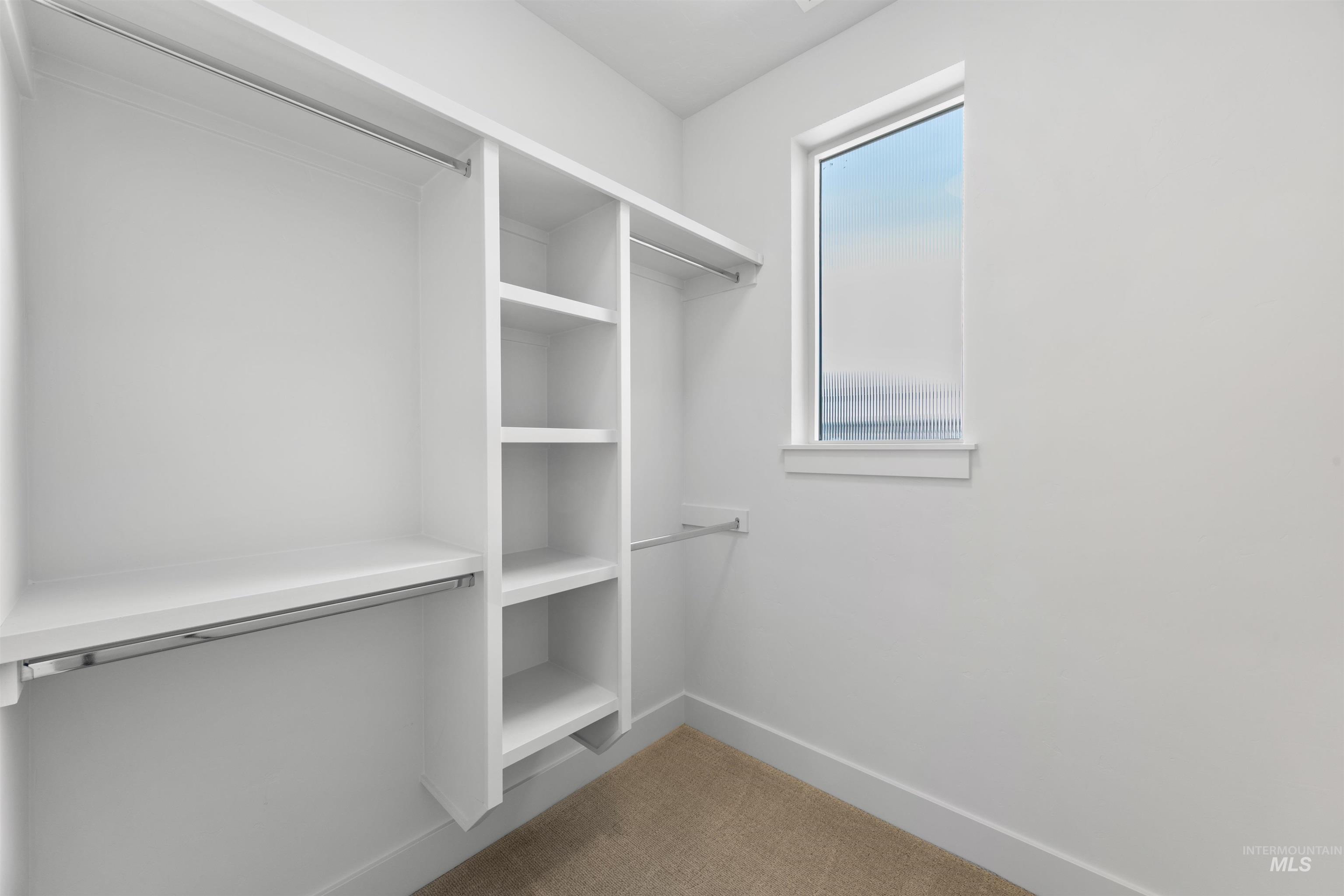 Walk in closet featuring light carpet