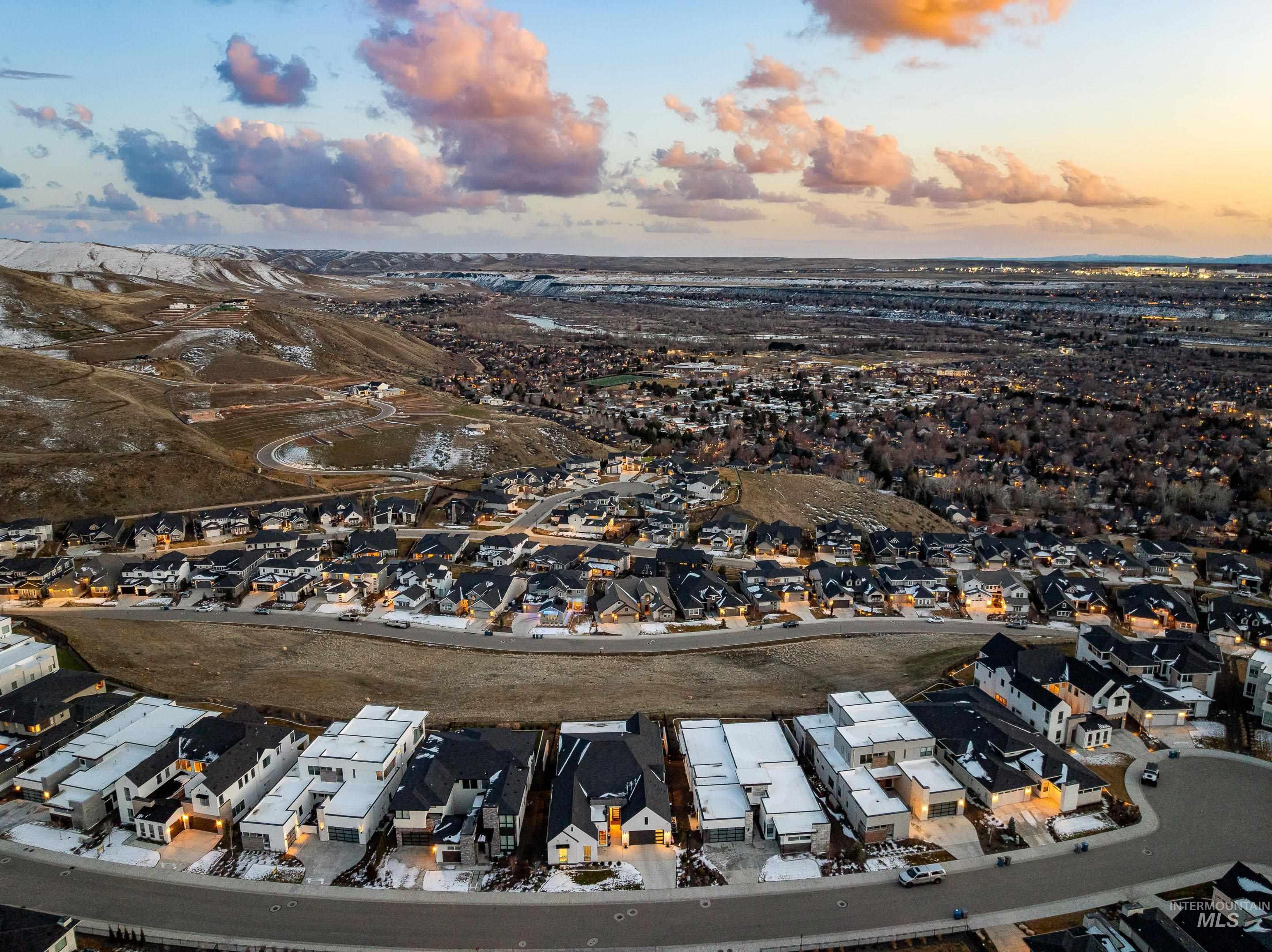 Aerial view at dusk of a residential view