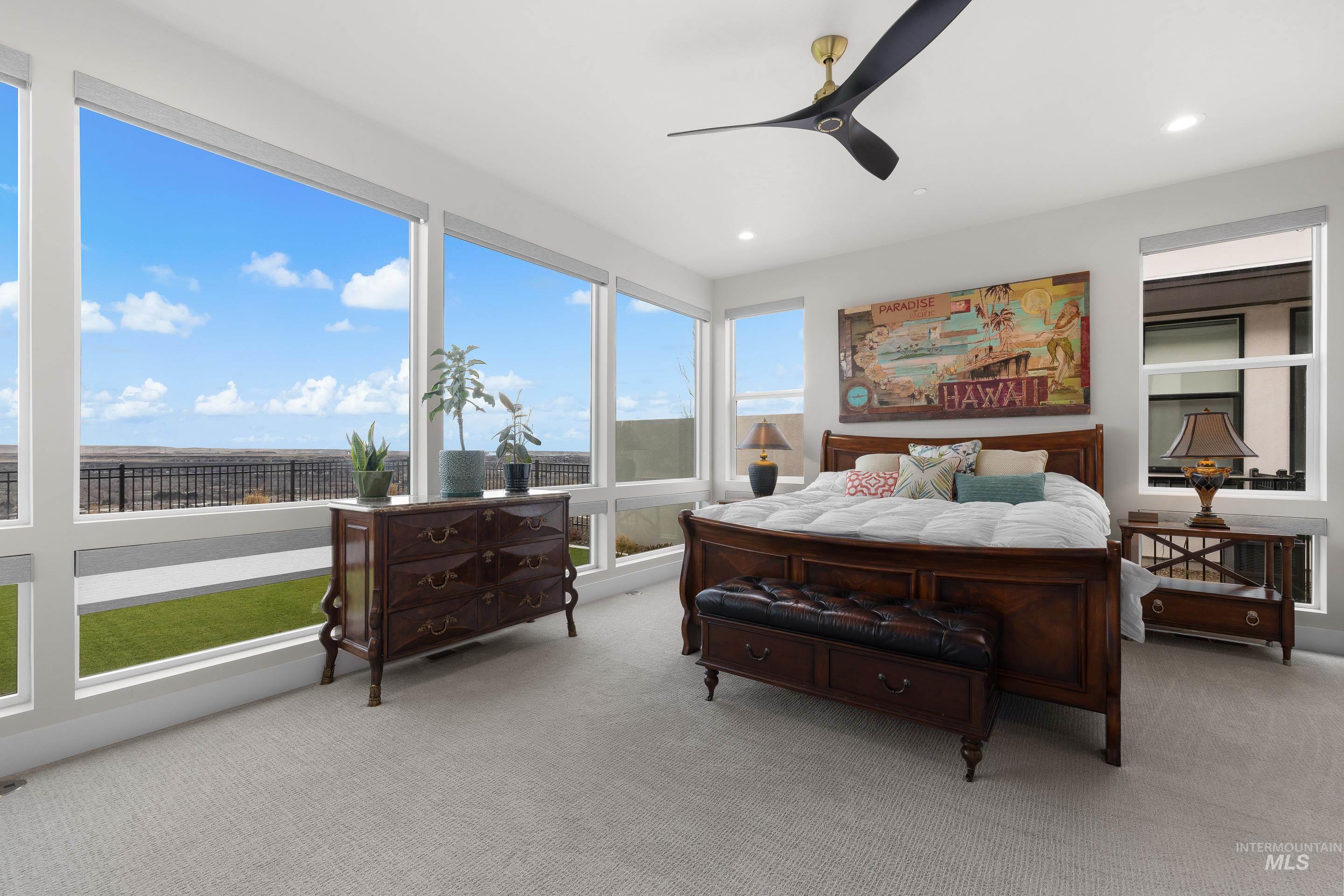 Bedroom featuring carpet, a ceiling fan, and recessed lighting