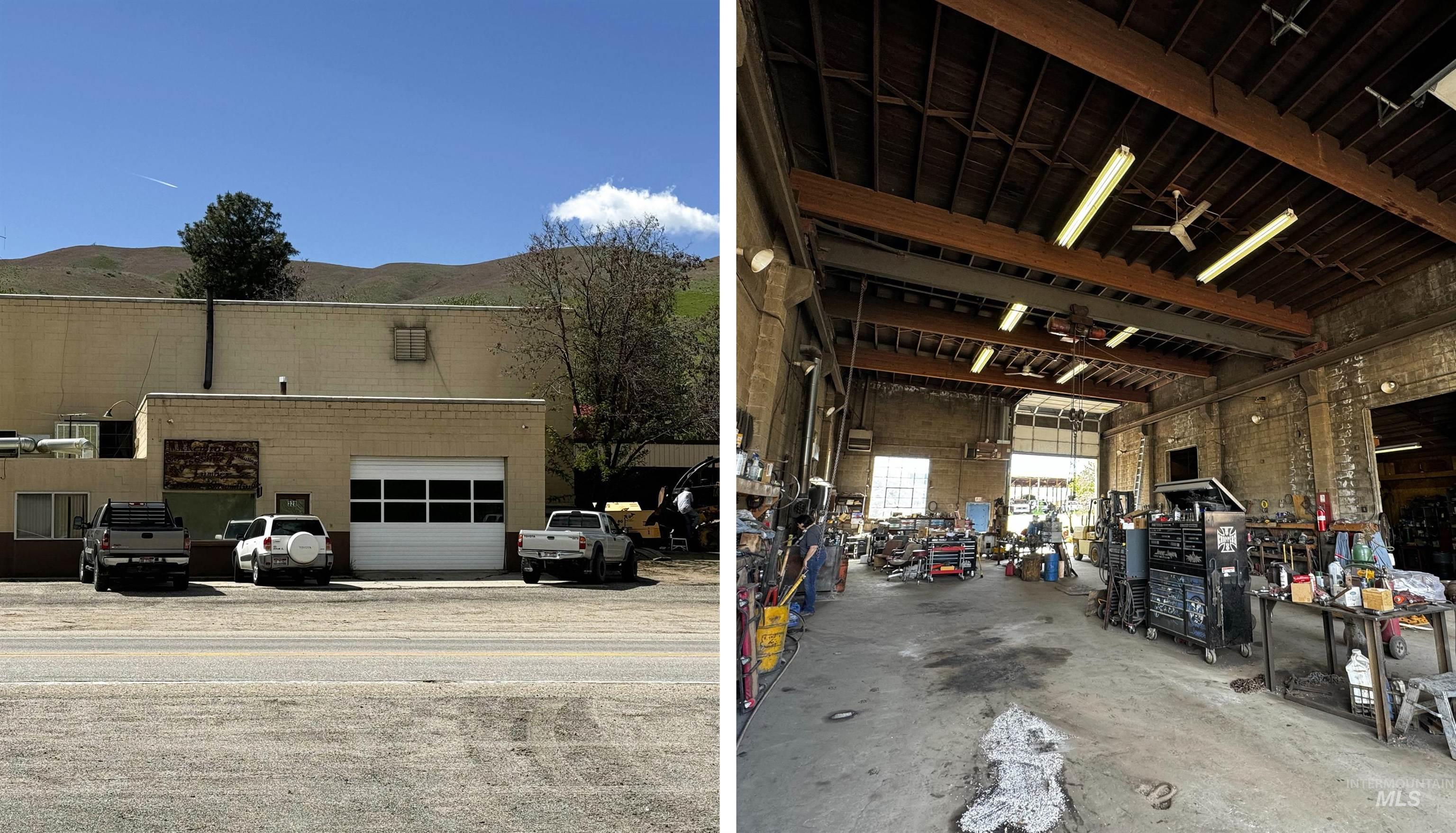 Garage featuring a mountain view