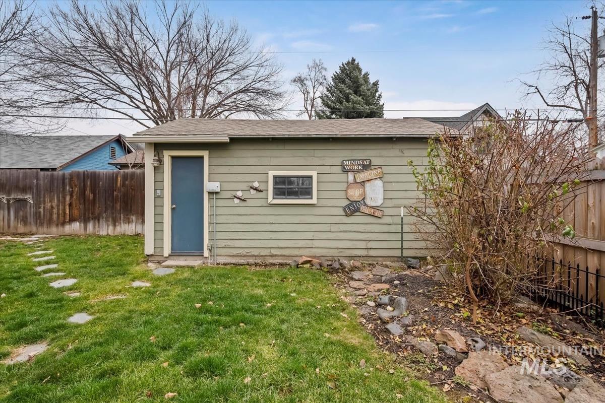 View of outdoor structure featuring a fenced backyard