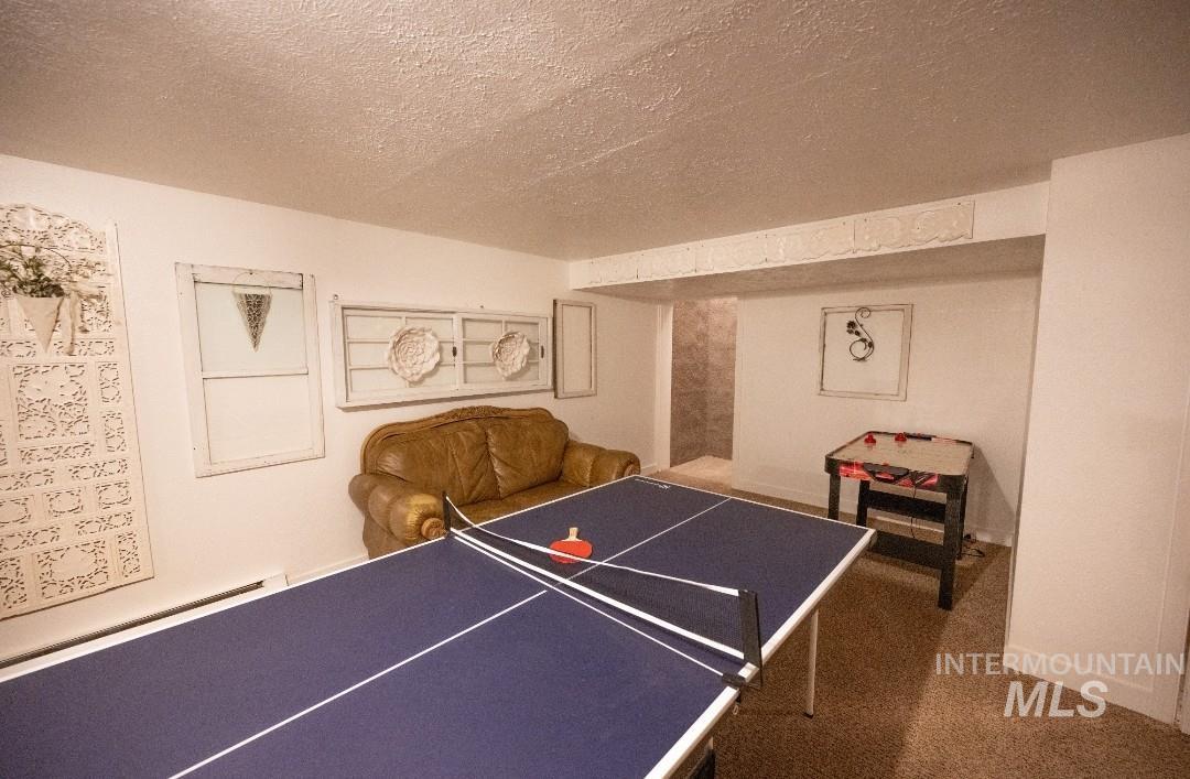 Rec room featuring a textured ceiling and carpet flooring