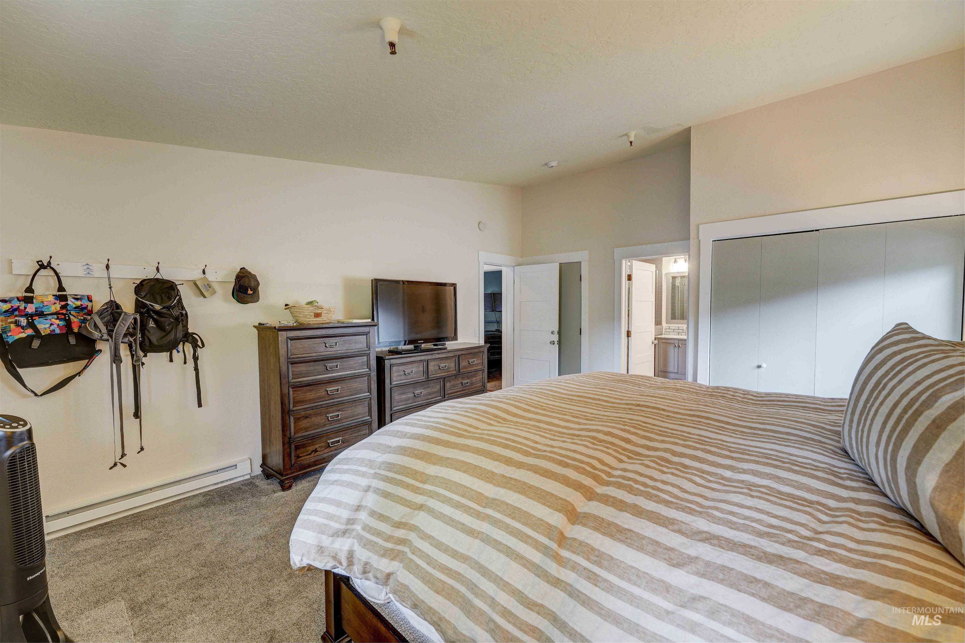 Bedroom featuring a baseboard radiator, a closet, and light carpet