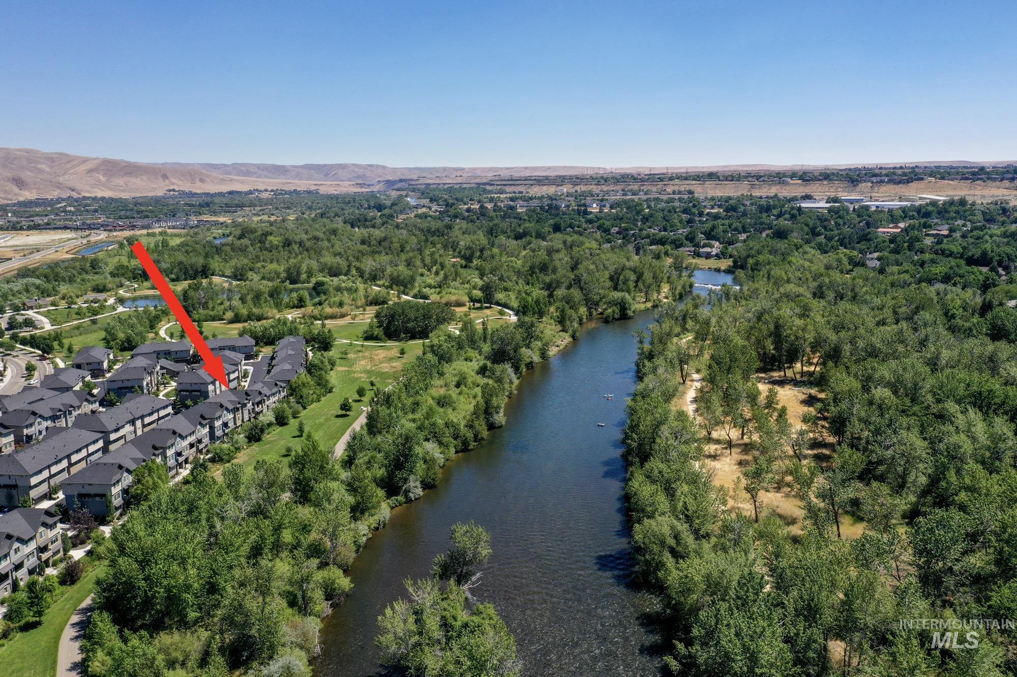 Aerial view that shows that this home is right next to the Boise River!