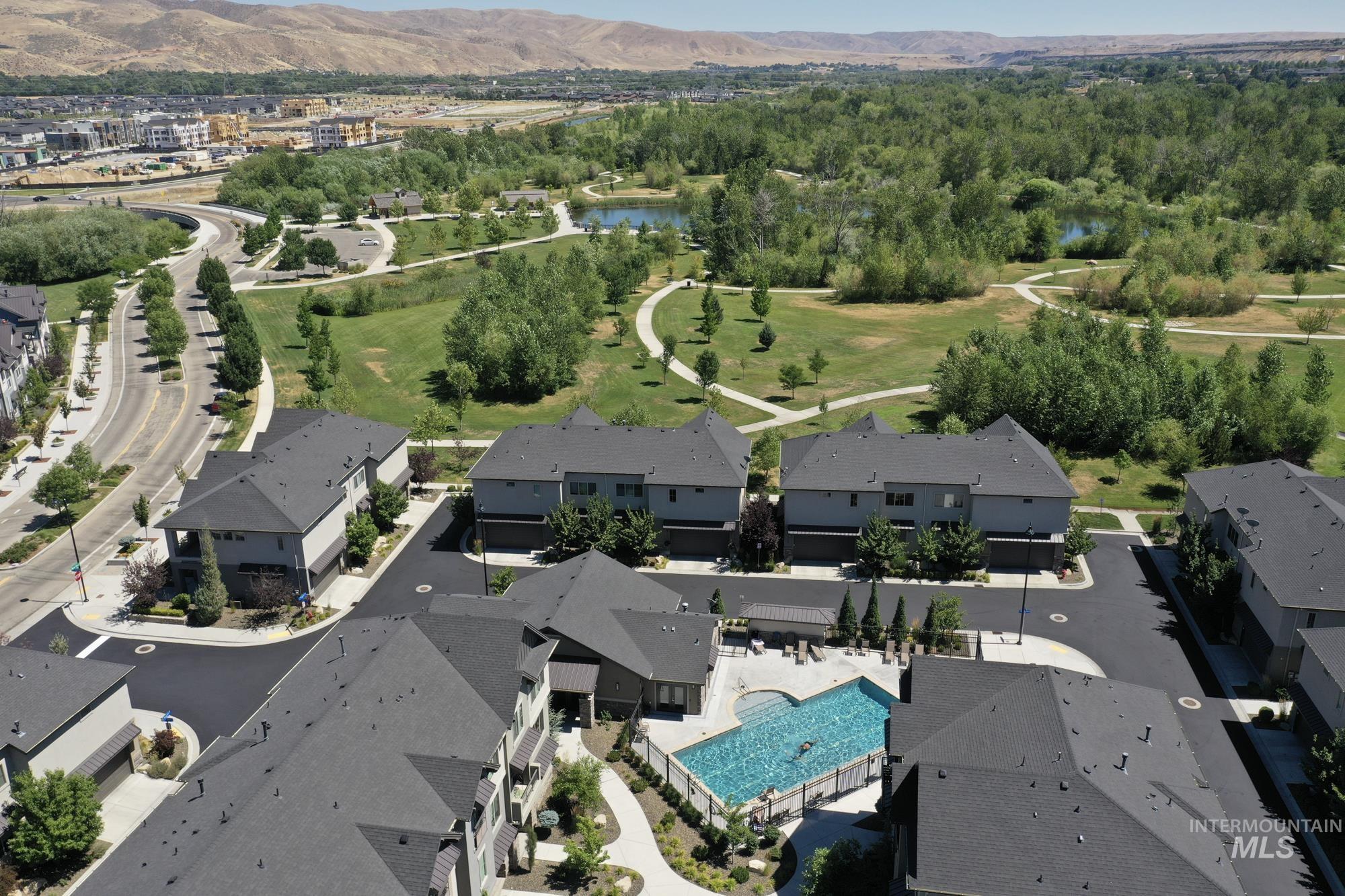 Aerial view of the community and the community pool