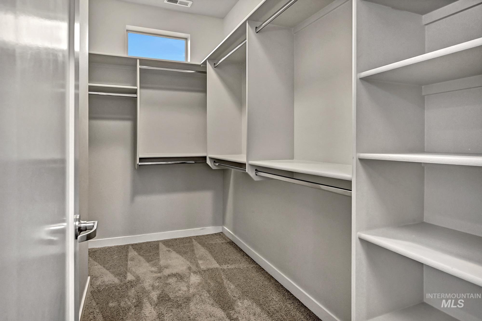 Spacious closet featuring light colored carpet