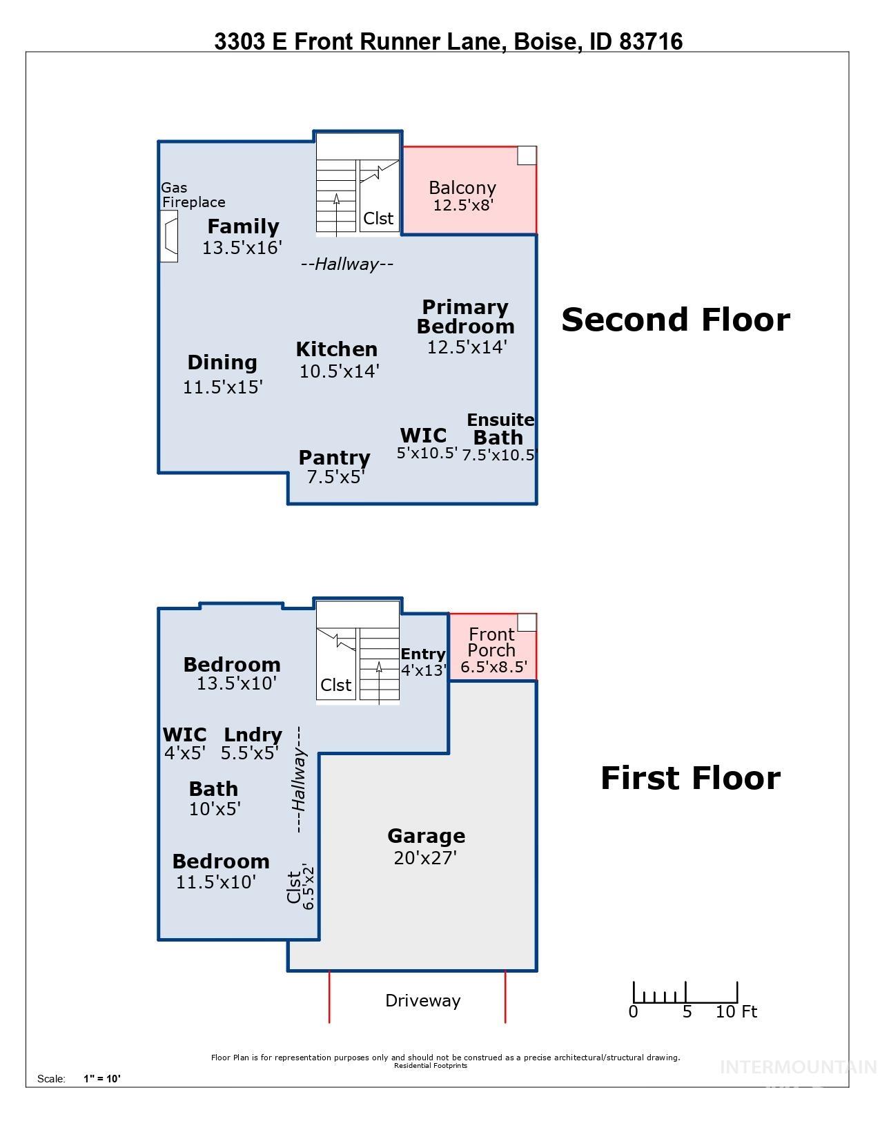 View of property floor plan showing two bedrooms, a bath, laundry, and access to the garage on the main level and upstairs is a large great room with living & dining areas & a spacious kitchen plus the primary ensuite bedroom & bath.