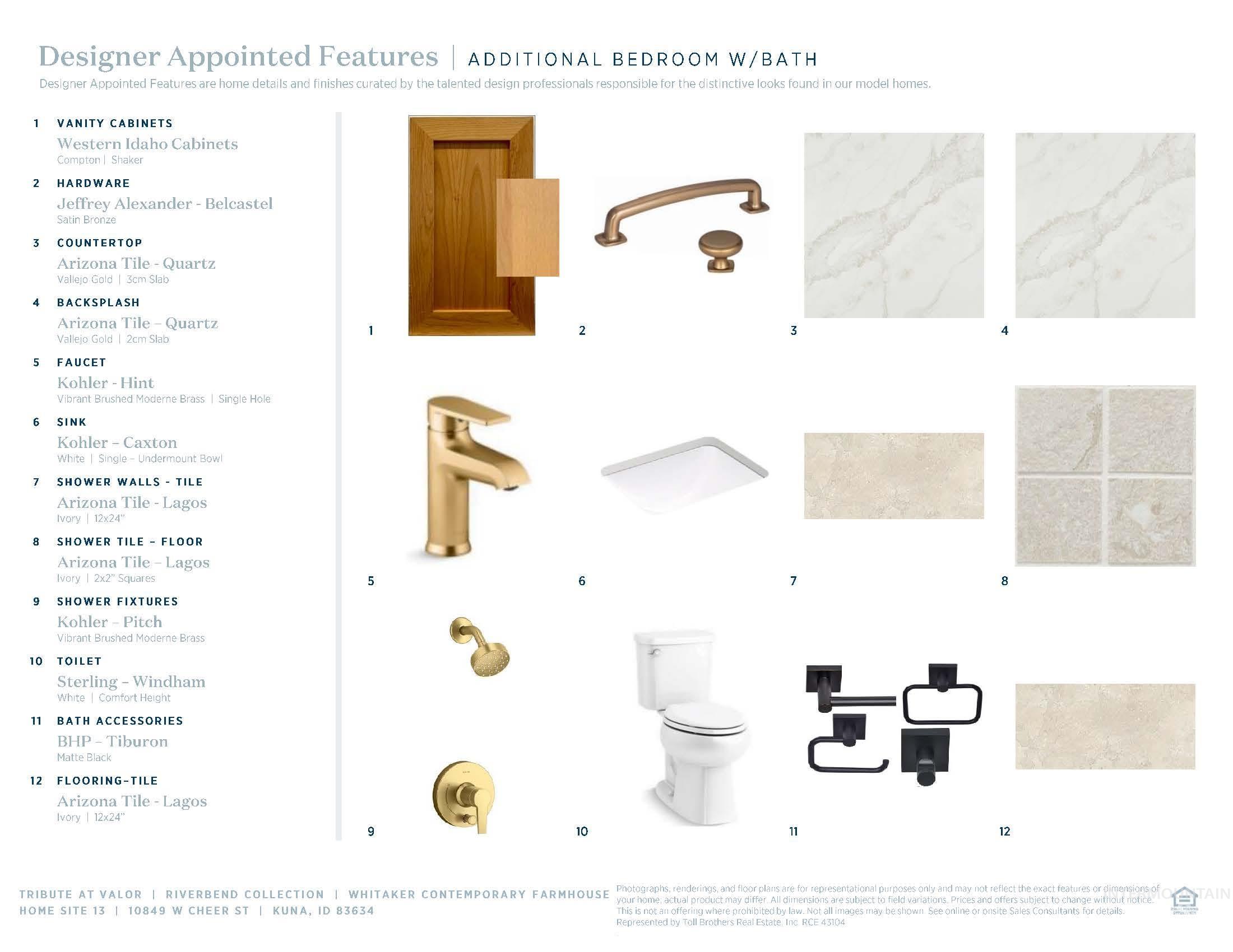 Designer Appointed Features, Additional Bedroom with Bath. Detailing materials and fixtures for the property's bathroom and bedroom areas