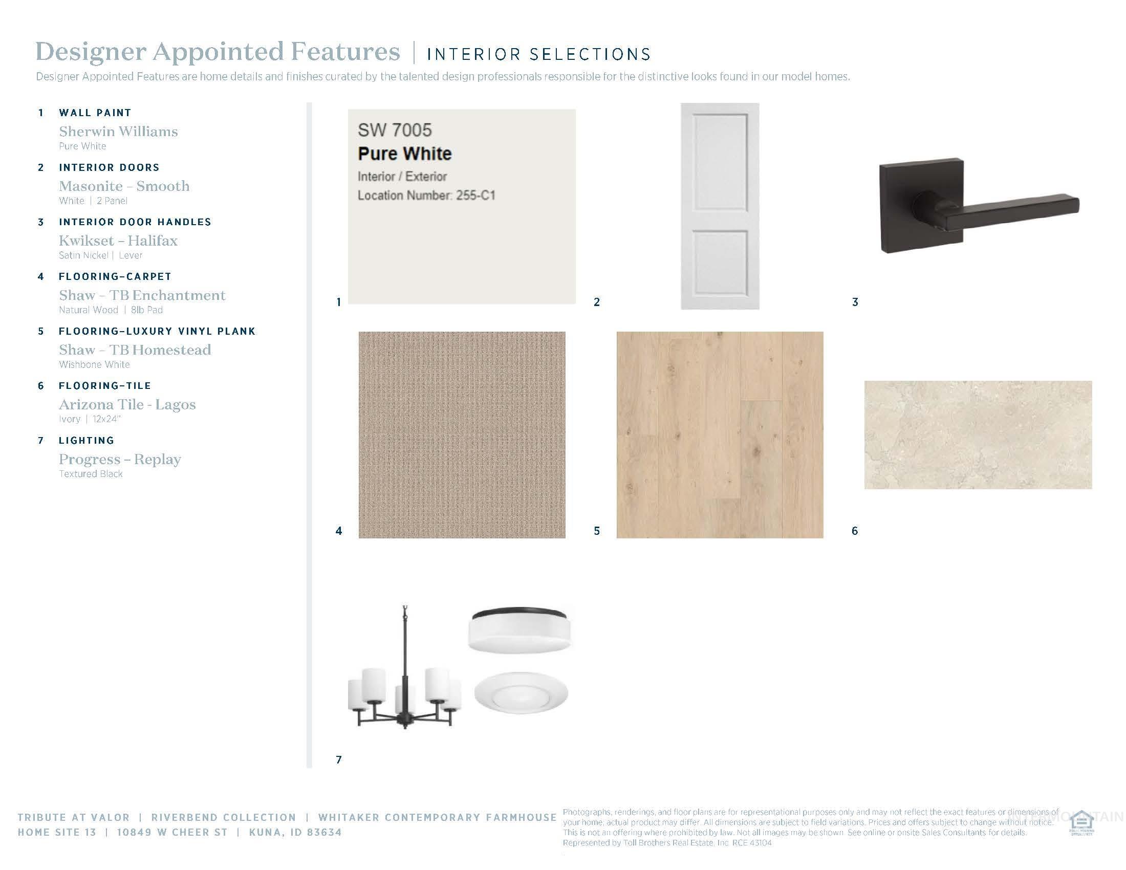Interior Selections Document. Displaying various material and finish specifications for the property