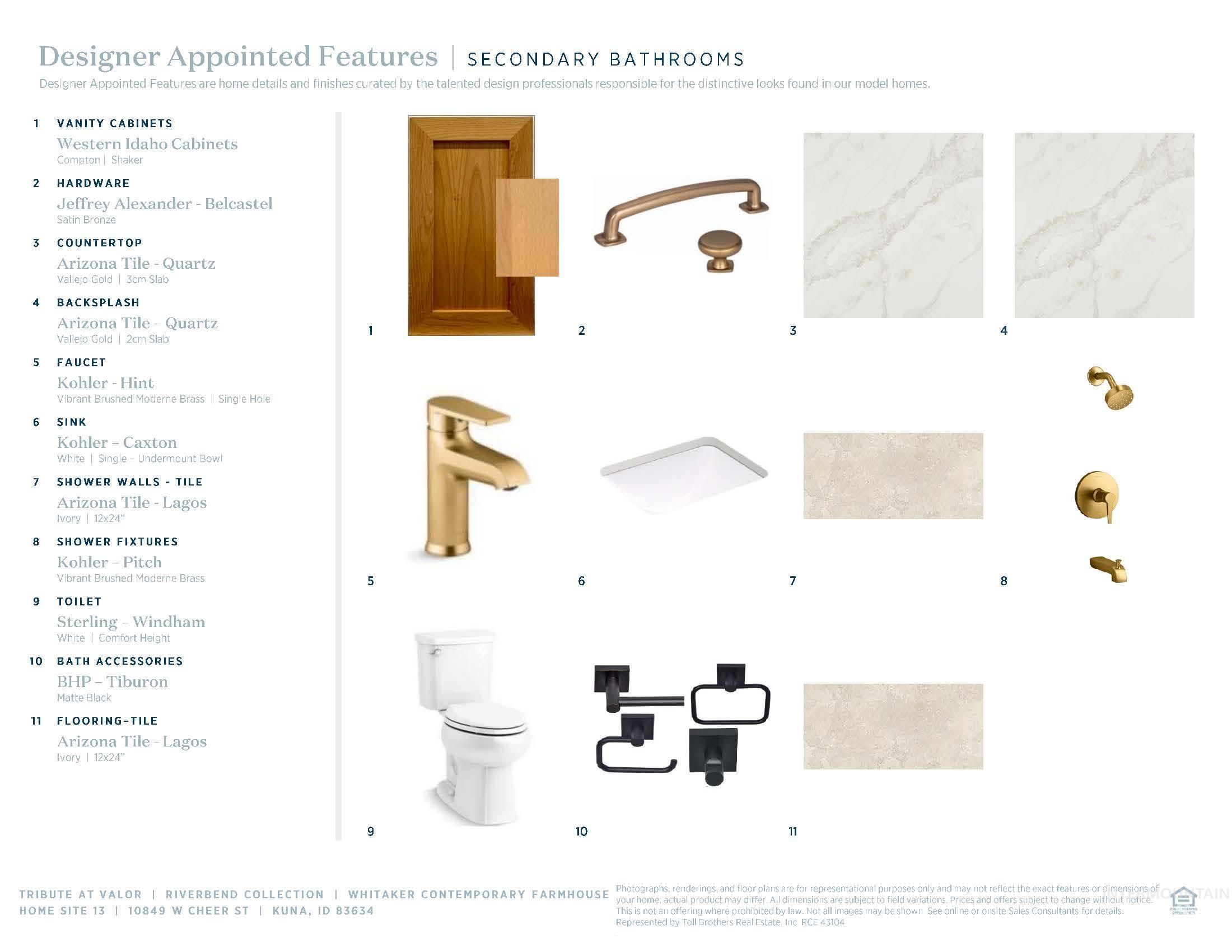 Designer Appointed Features, Secondary Bathrooms. Detailing material specifications for the property's secondary bathrooms