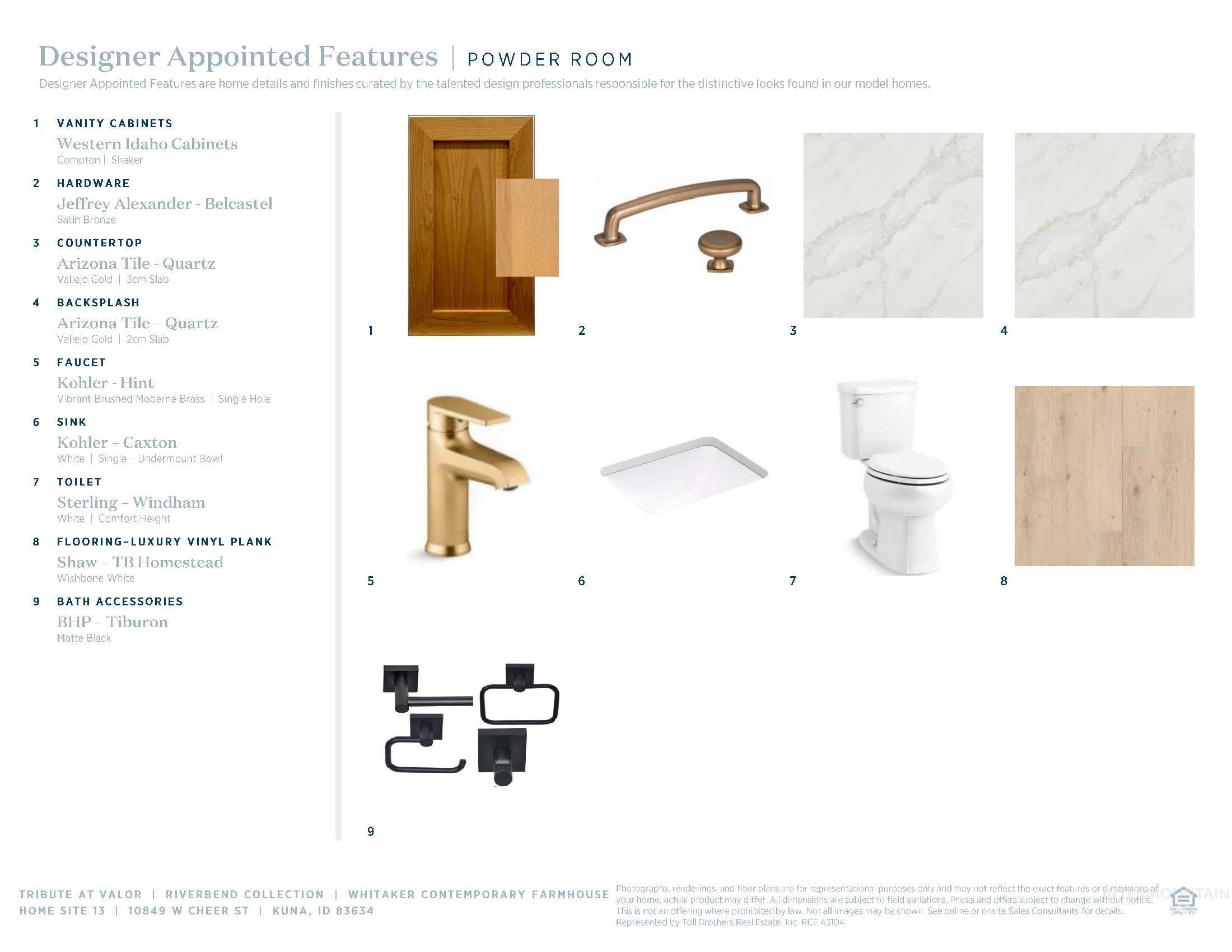 Designer Appointed Features, Powder Room. Detailing specific feature selections for the property's powder room