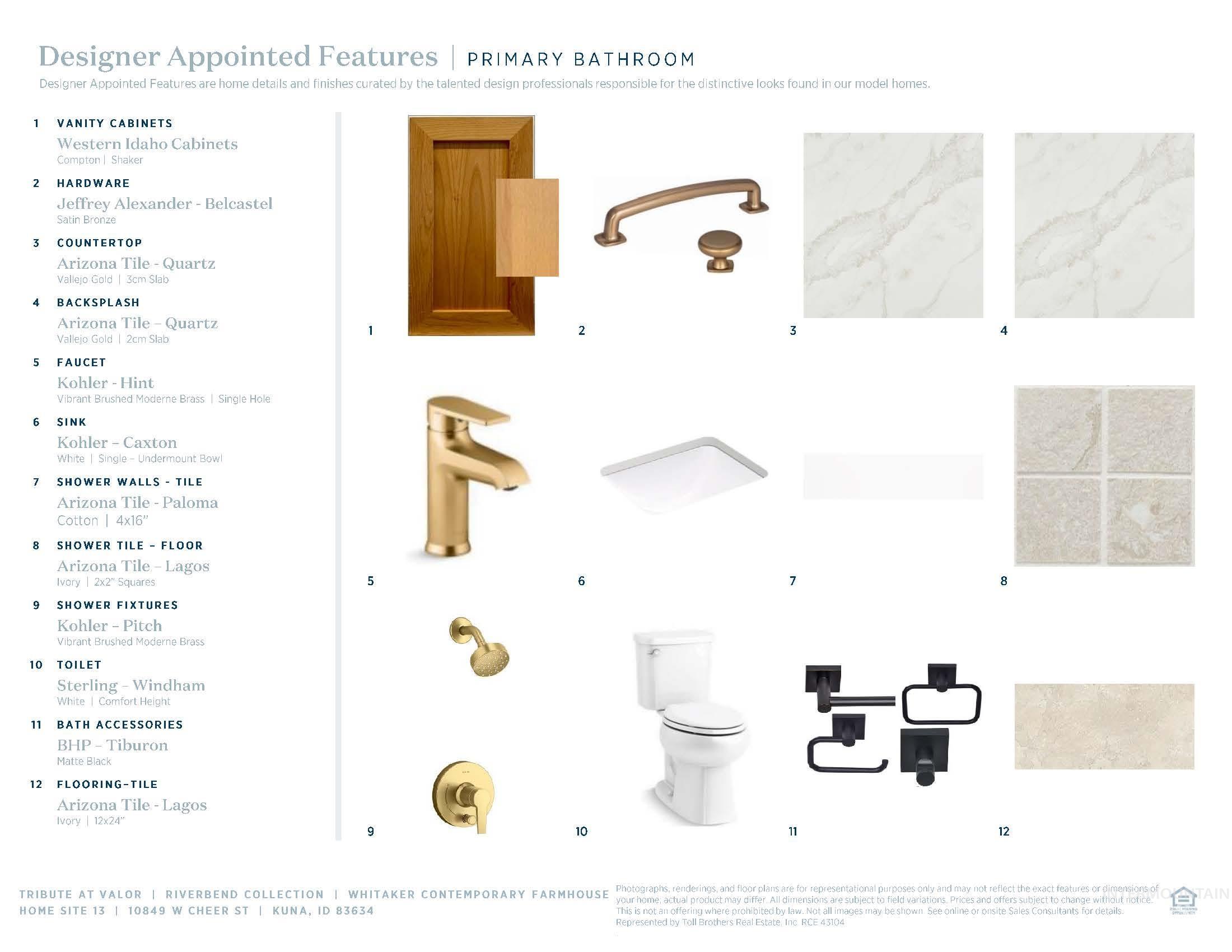 Designer Appointed Features, Primary Bathroom. Detailing specific product selections for the property's primary bathroom