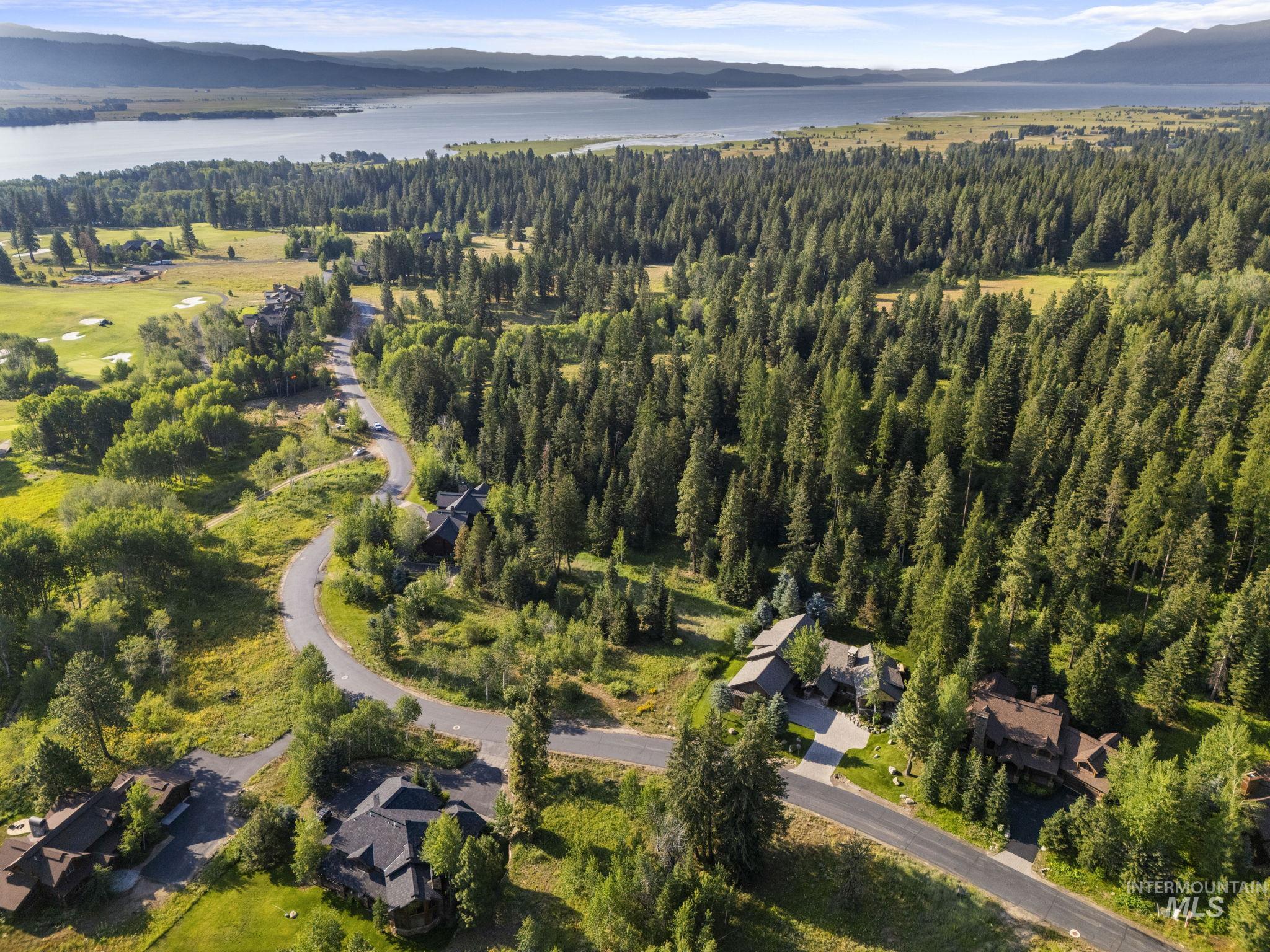 Aerial view of property and surrounding area with a water and mountain view and a forest
