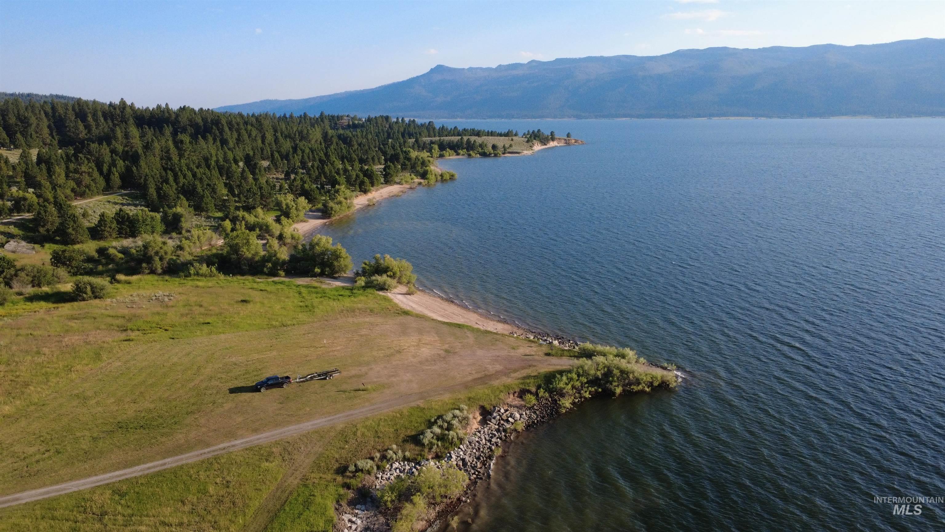 Aerial view of a water and mountain view and a forest