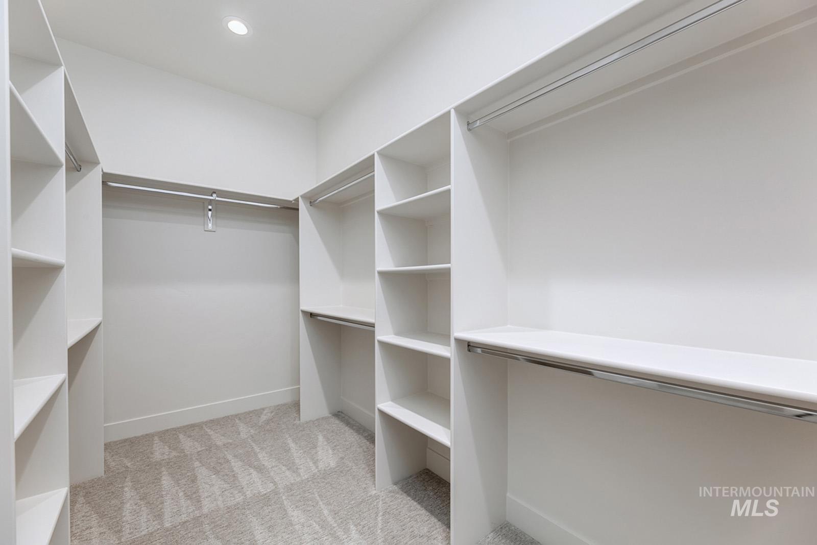 Walk in closet featuring light carpet