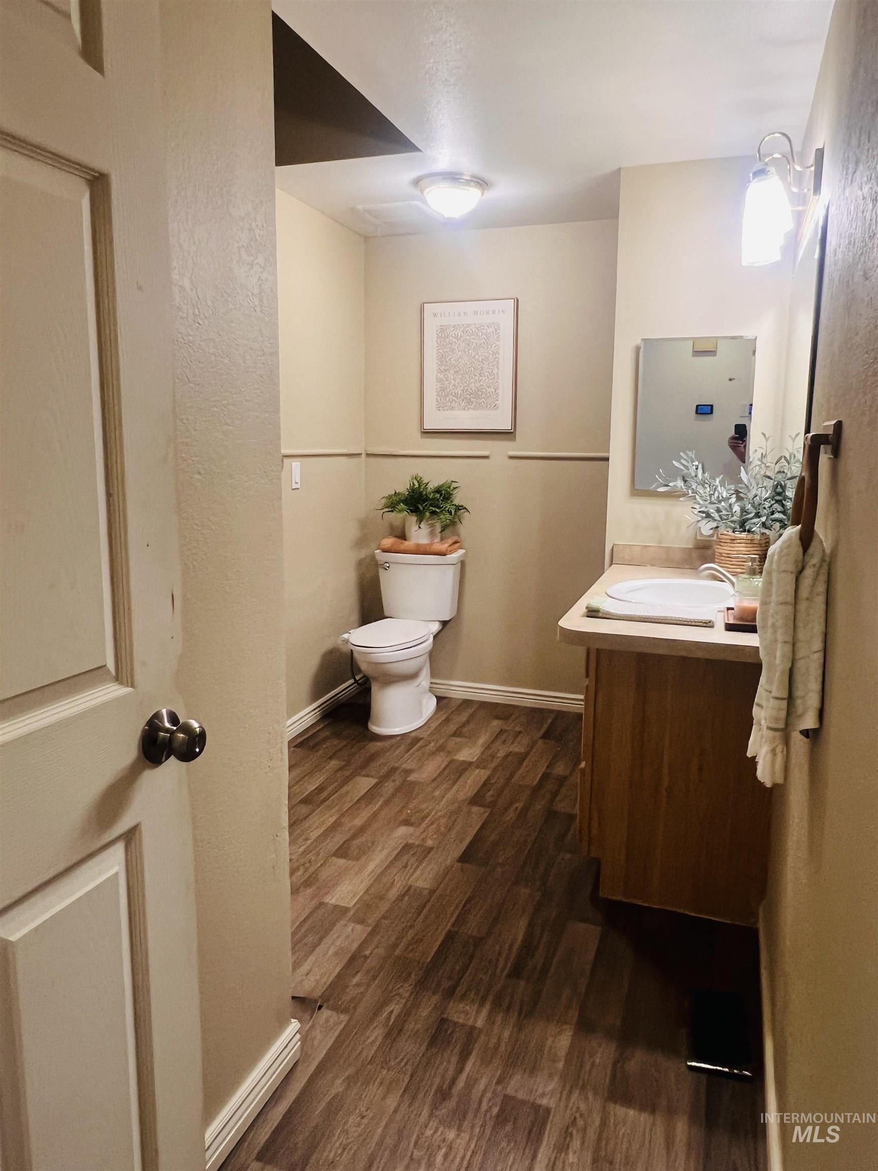 Bathroom featuring wood-finish flooring, a single vanity with a laminate countertop, and a wall-mounted light fixture