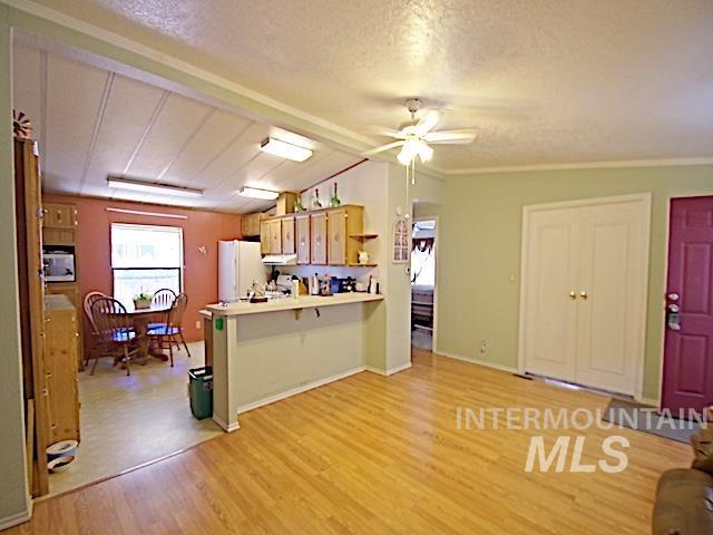 Expansive living area with wood-finish flooring and a ceiling fan