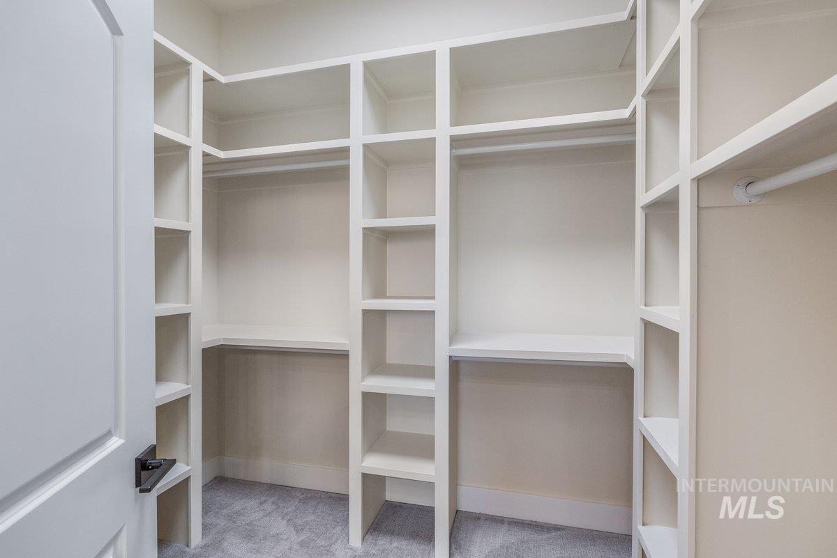Walk in closet featuring light colored carpet