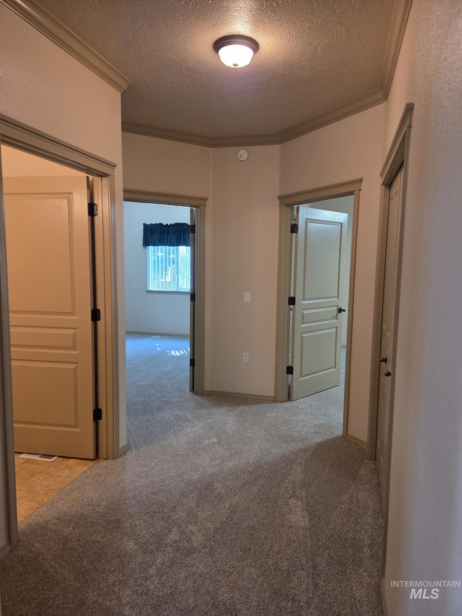 Hallway featuring a textured ceiling, ornamental molding, and light carpet
