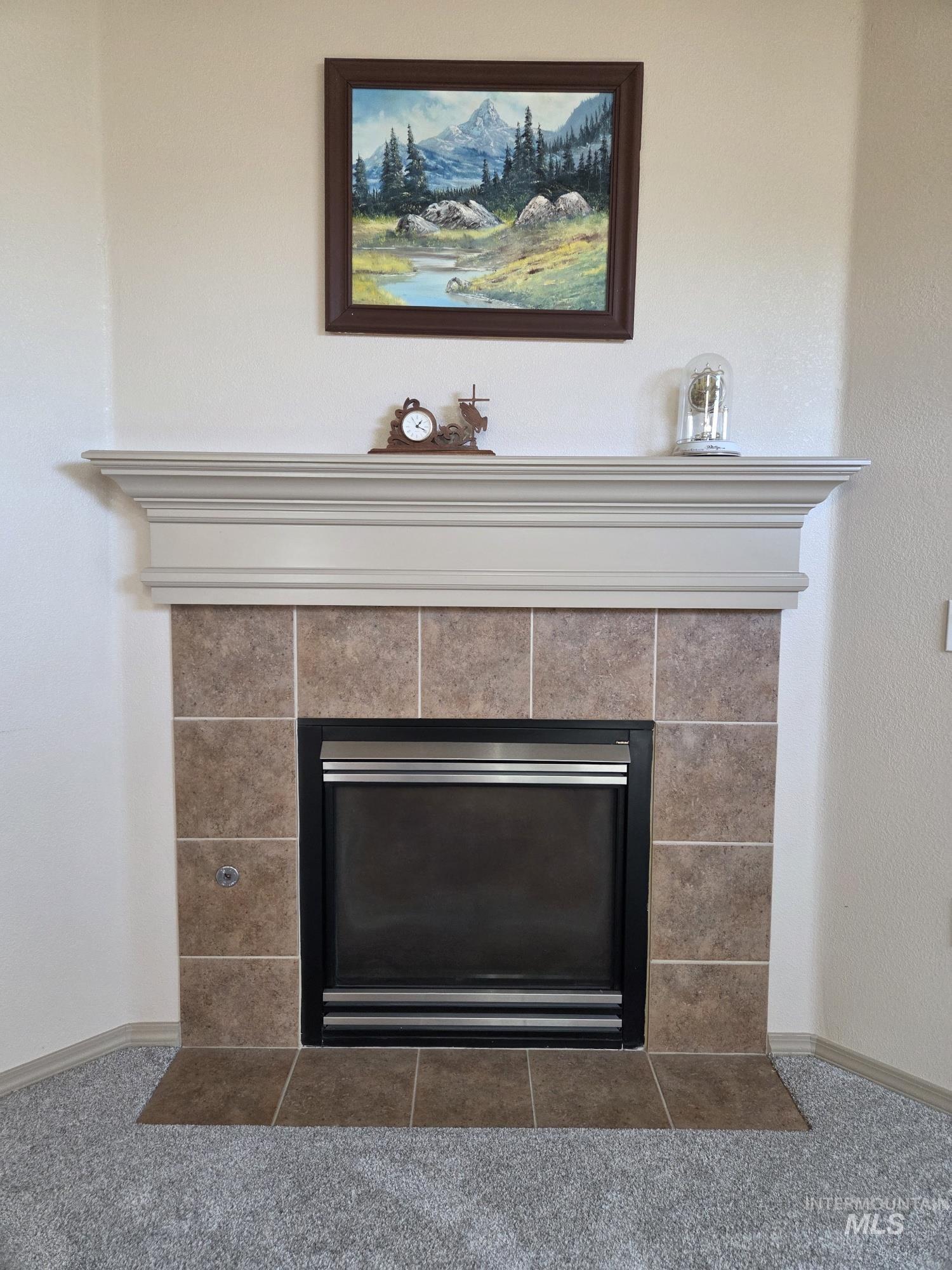 Detailed view of a tiled fireplace and carpet floors