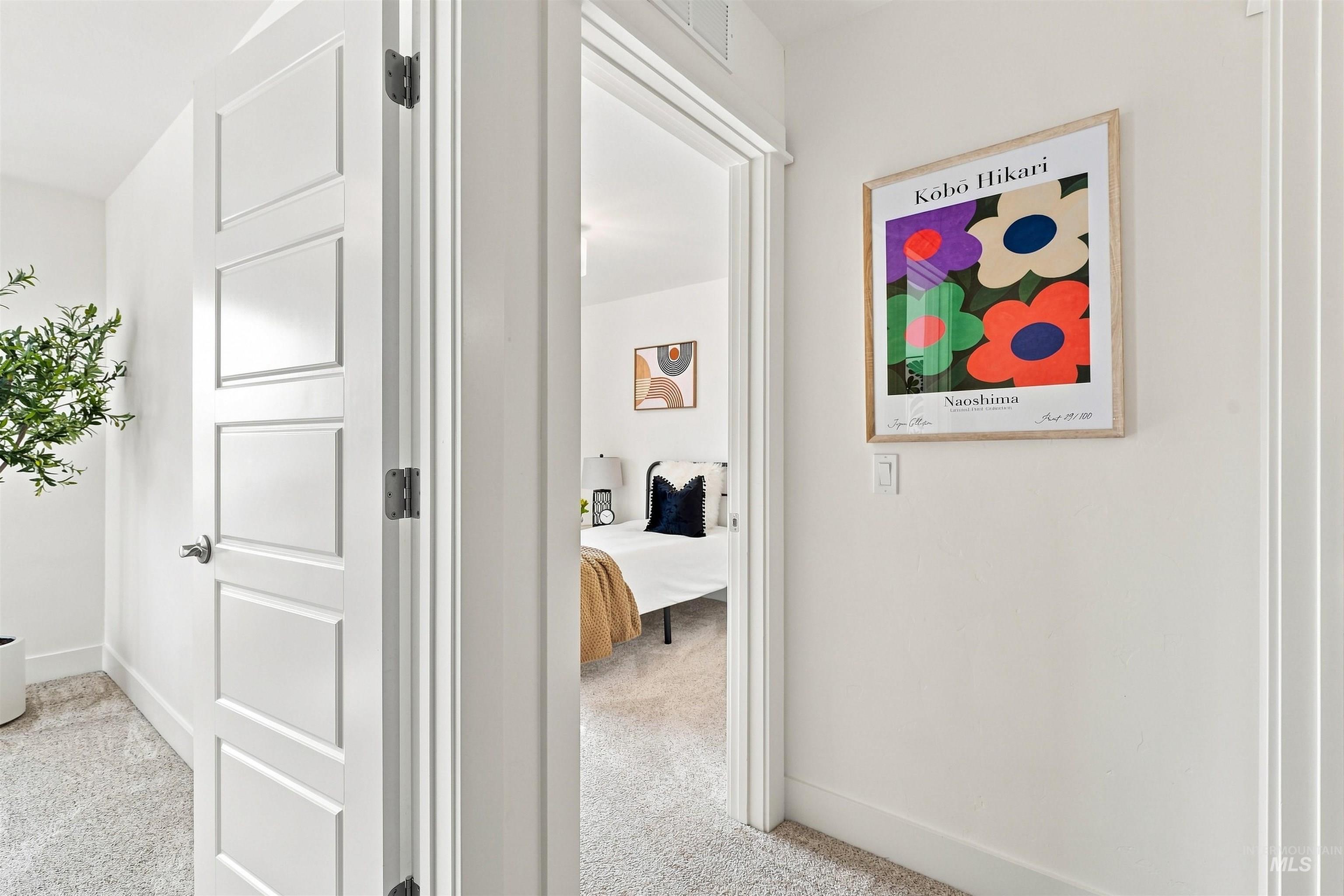 White paneled interior door with a brushed nickel handle