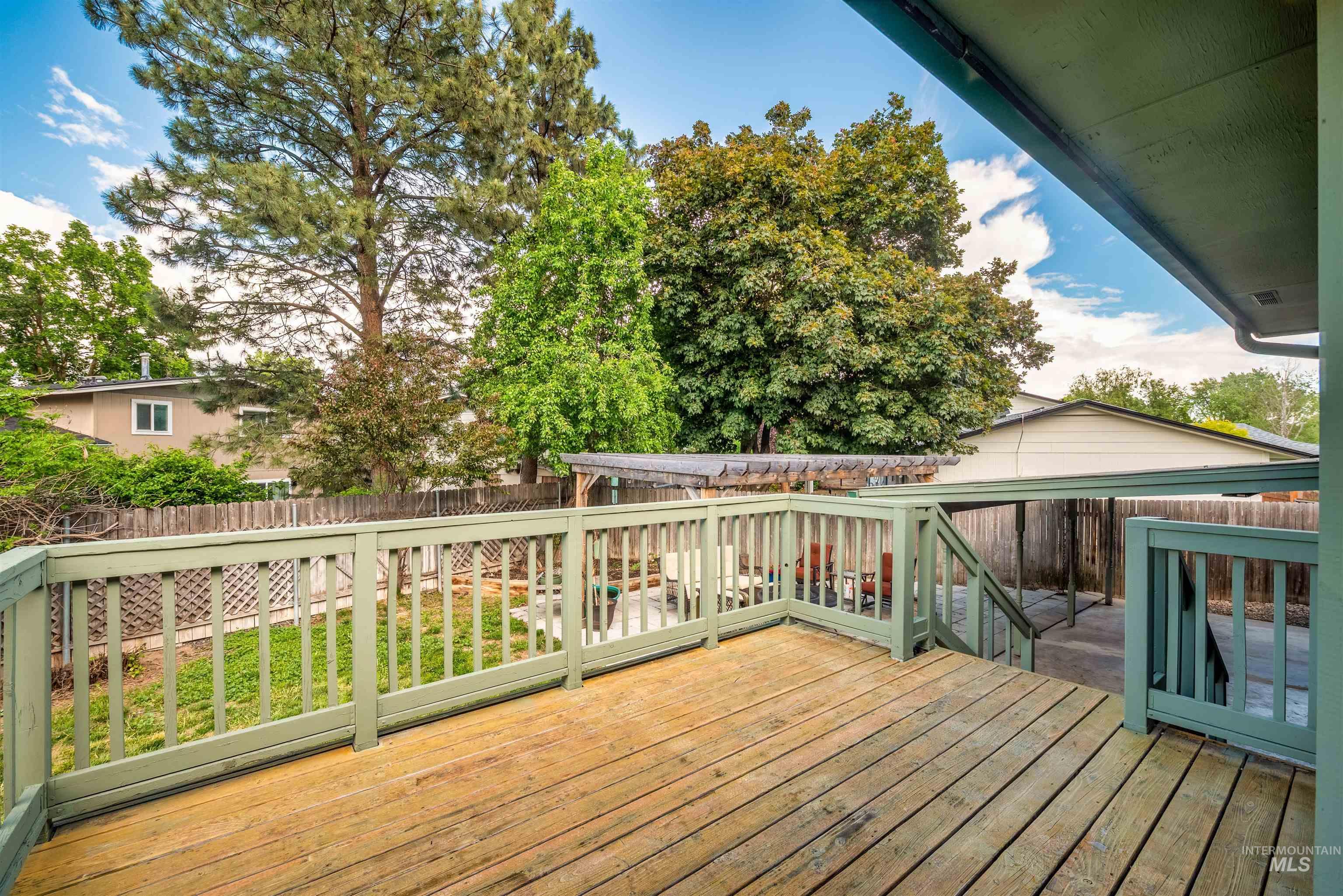 Wooden deck with a fenced backyard