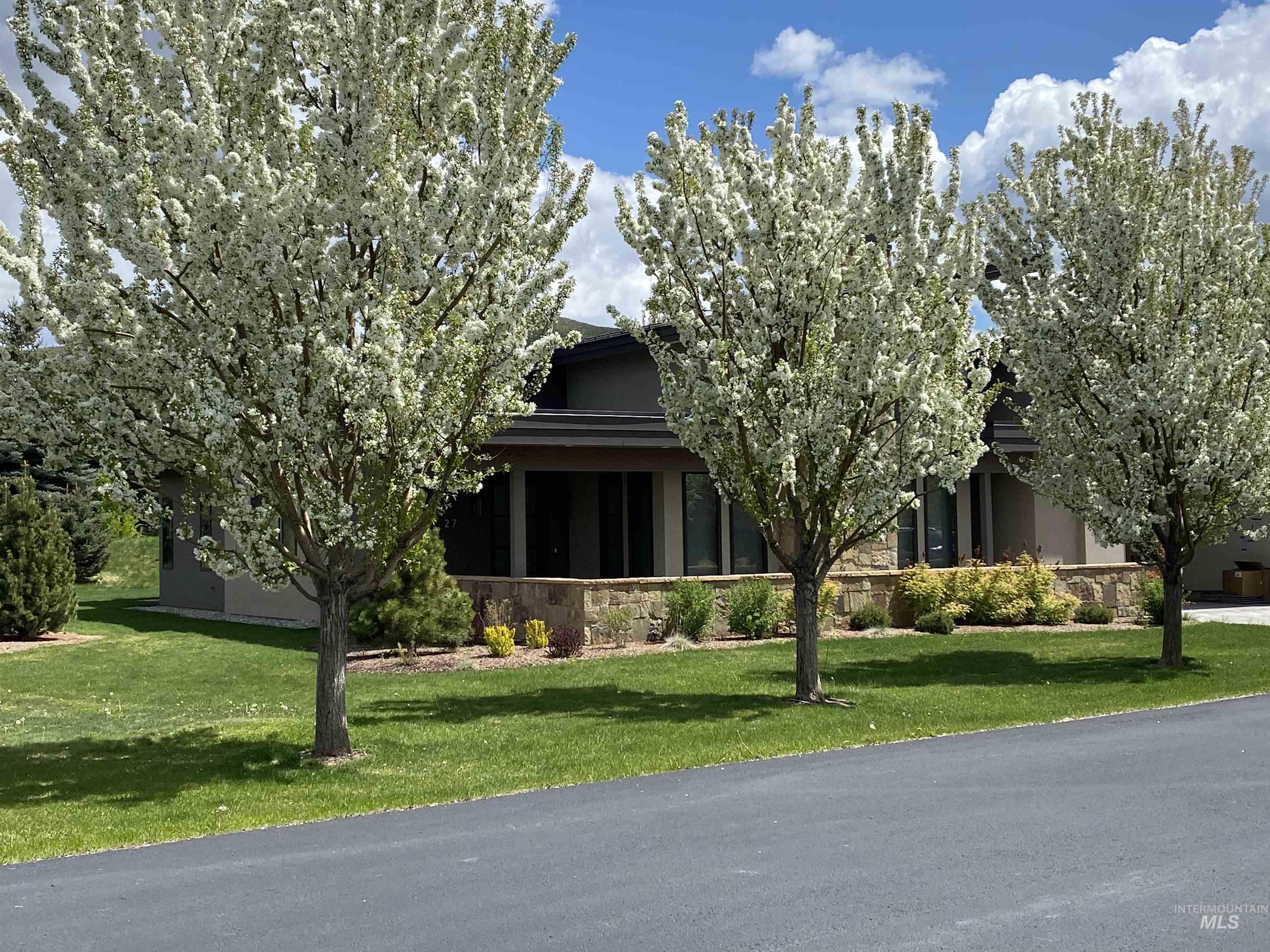 Obstructed view of property with stucco siding, stone siding, and a front yard