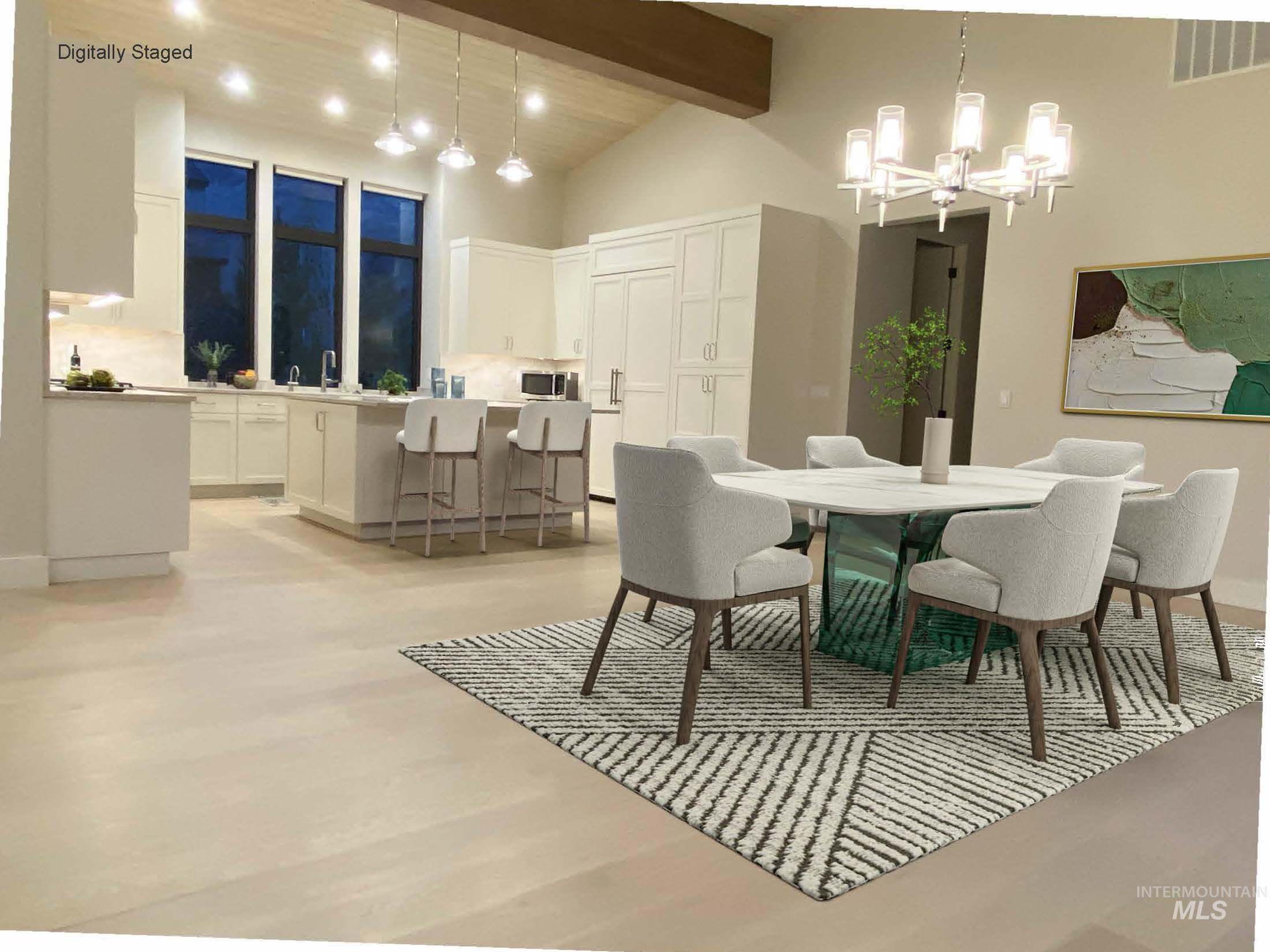 DIGITALLY STAGED - Dining space with beam ceiling, a chandelier, high vaulted ceiling, and light wood-style floors