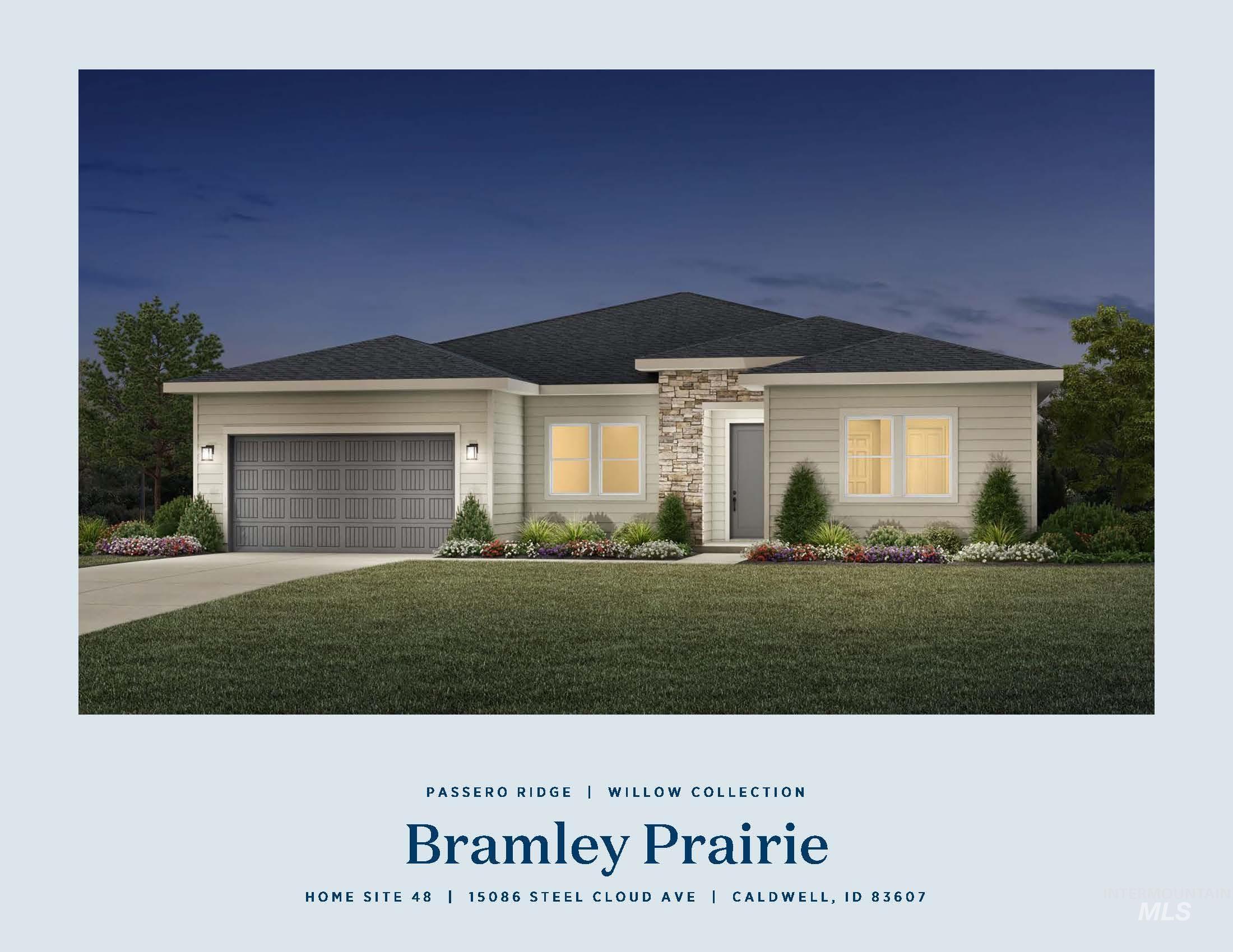 View of front of property featuring a garage, concrete driveway, a front yard, and stone siding