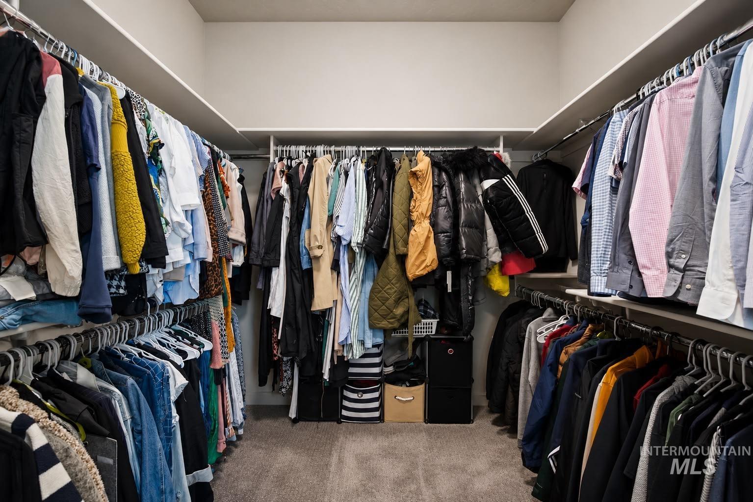 Walk-in closet featuring extensive built-in shelving, multiple hanging rods, and neutral carpet flooring