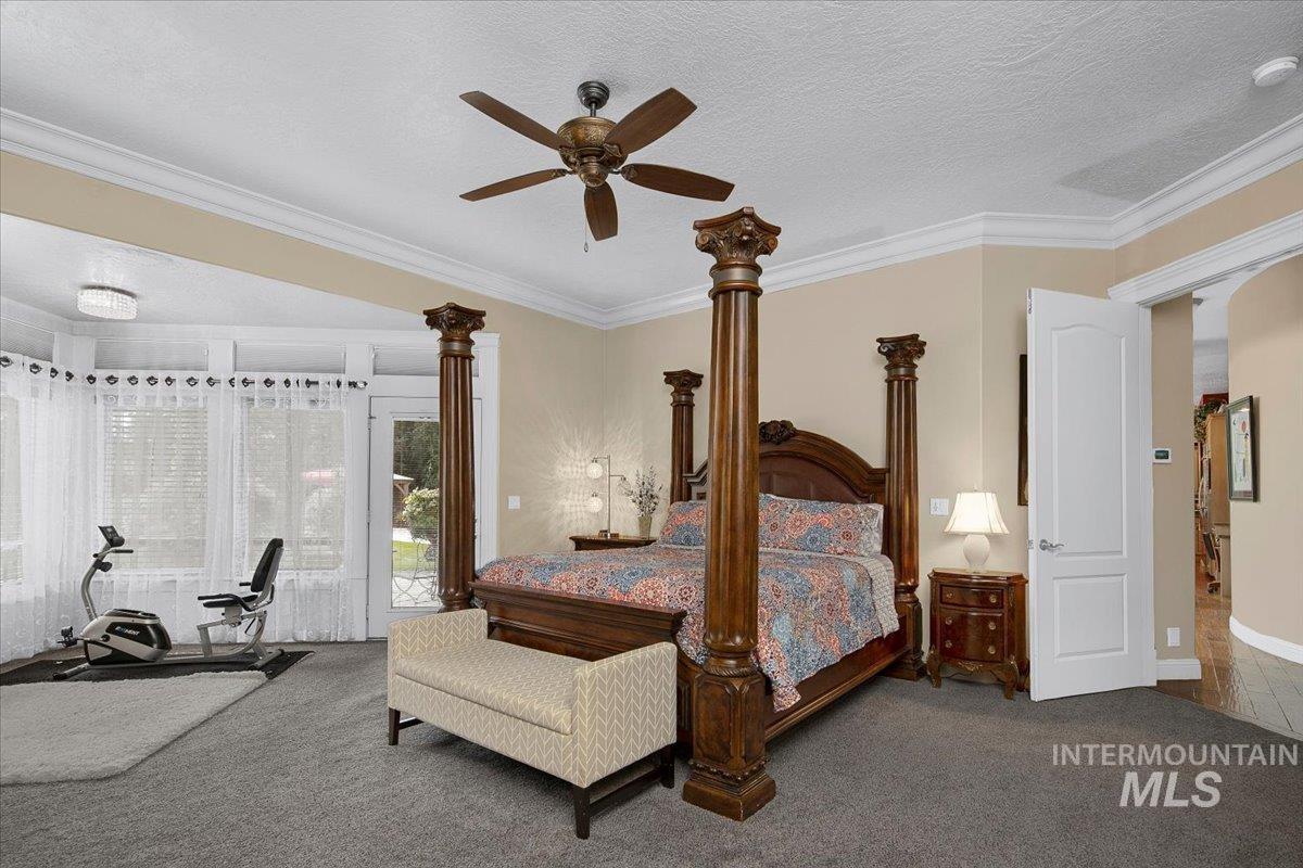 Carpeted bedroom featuring a textured ceiling, crown molding, a ceiling fan, and access to exterior