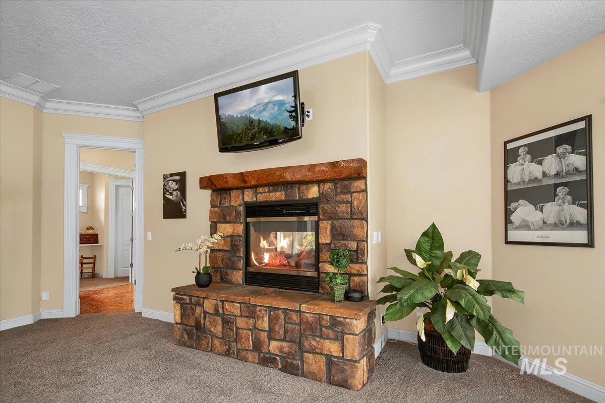 Living area featuring crown molding, carpet flooring, a stone fireplace, and a textured ceiling