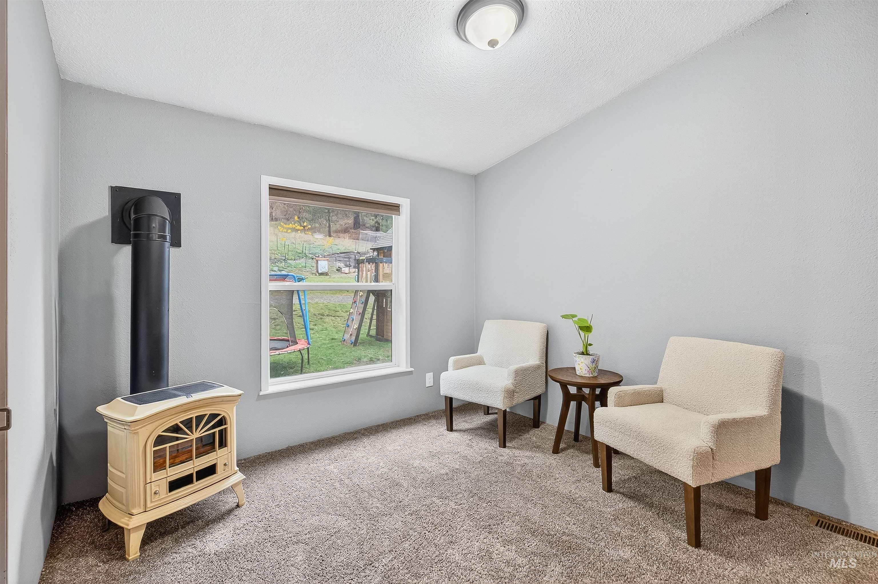 Sitting room with a wood stove, carpet flooring, and a textured ceiling
