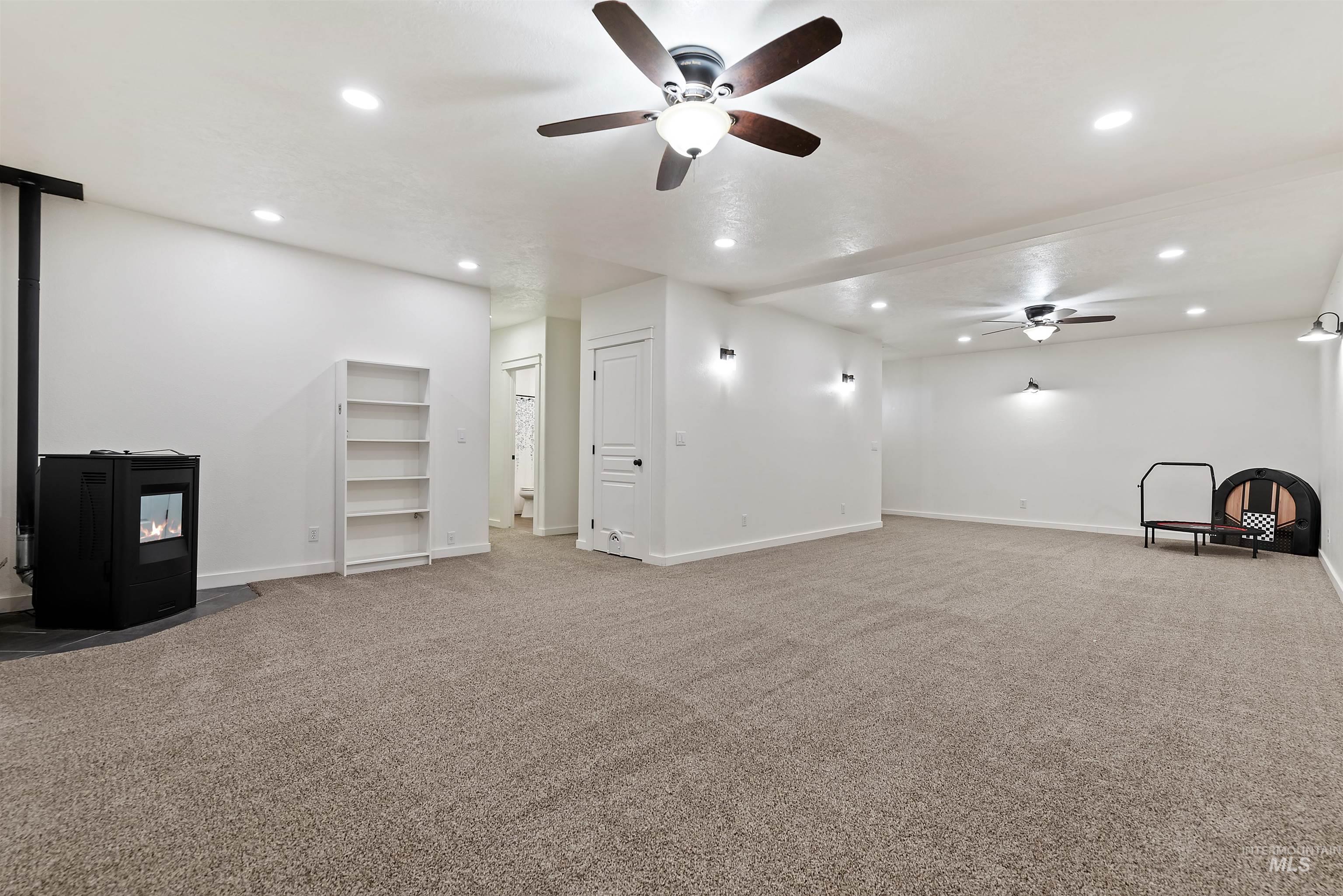 Basement living room with pellet stove
