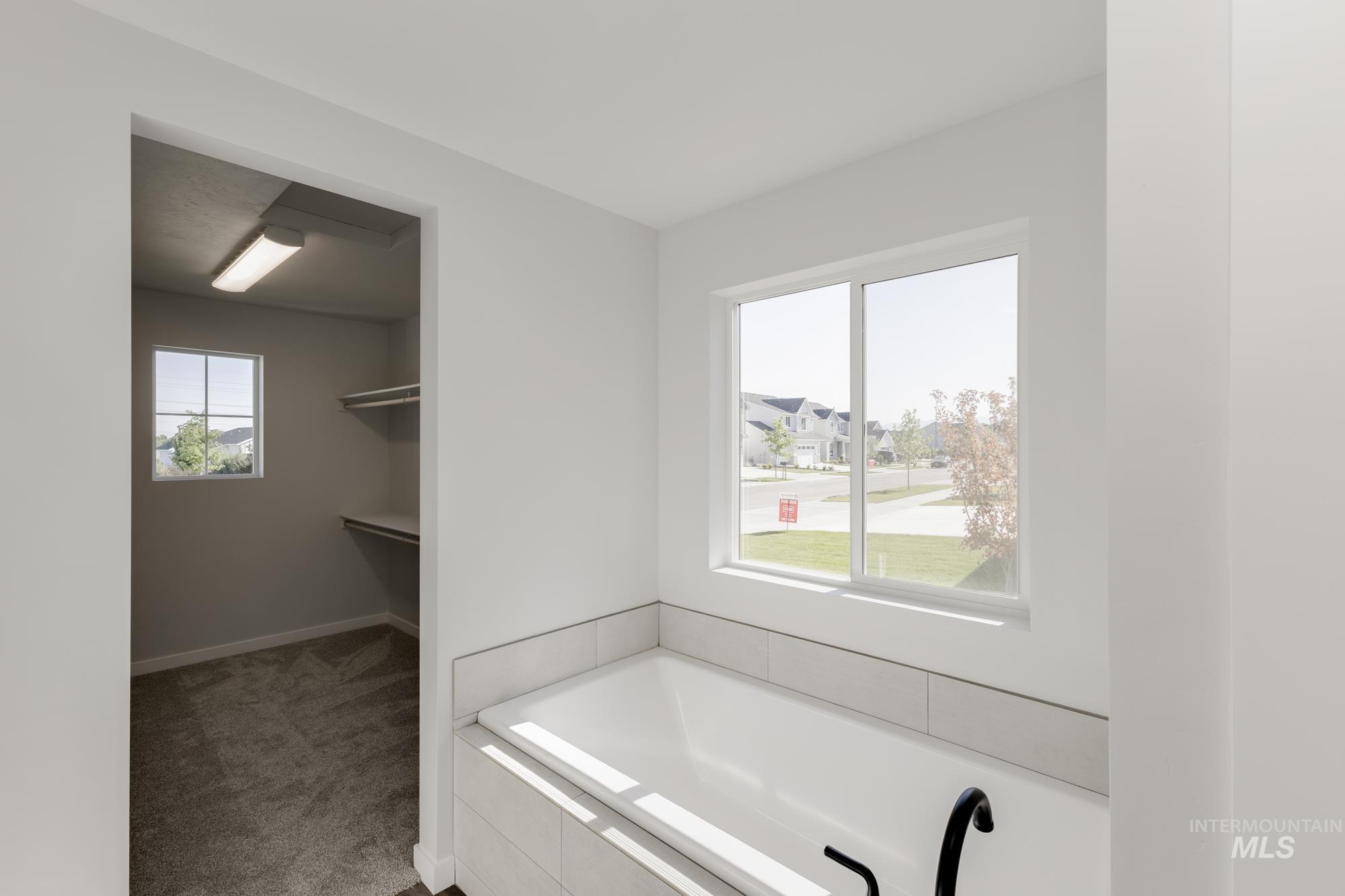 Bathroom featuring light carpet, a garden tub, and a spacious closet