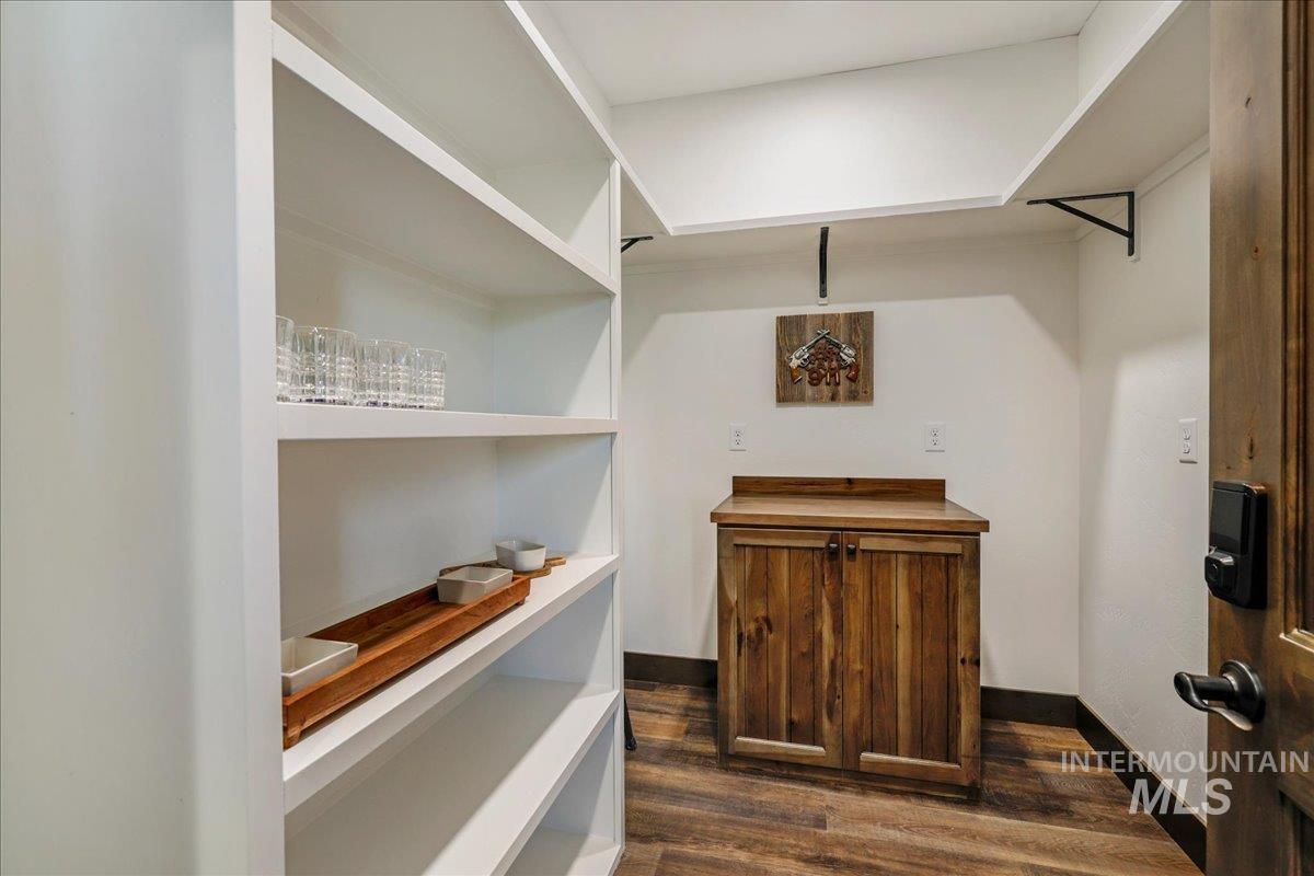 Walk in closet with dark wood-style floors