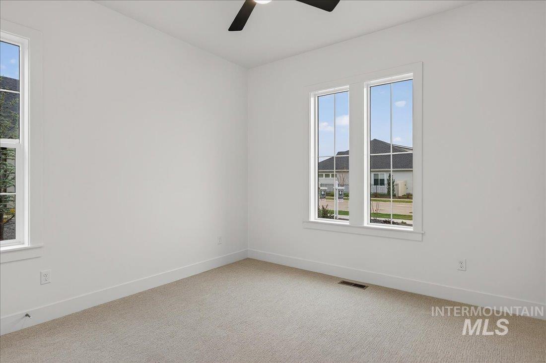 Carpeted spare room with healthy amount of natural light and ceiling fan