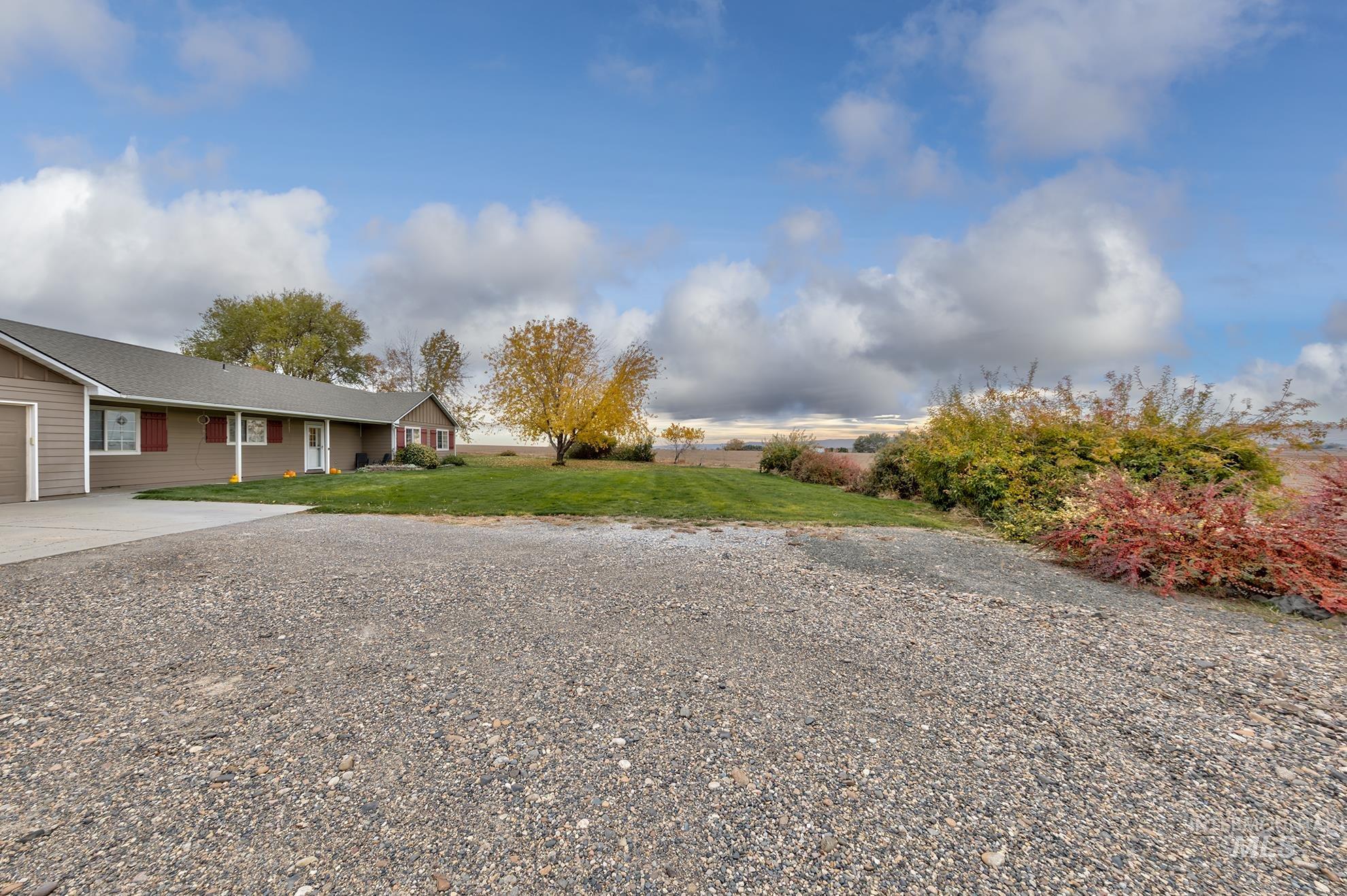 View of grassy yard featuring concrete driveway and a garage