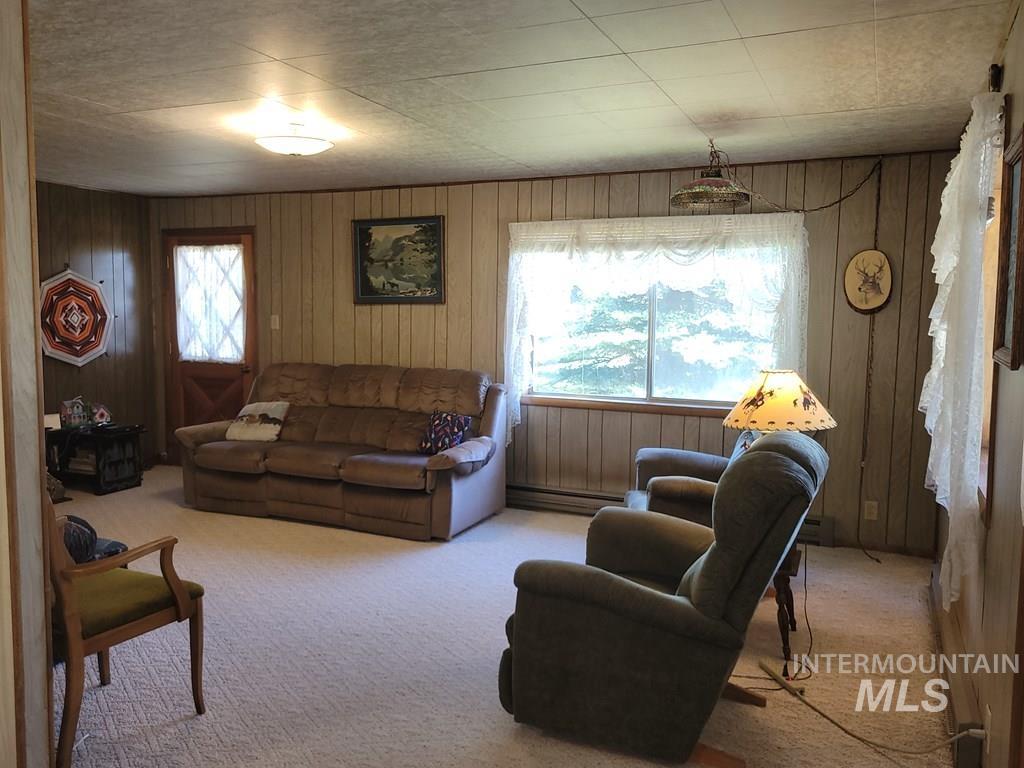 Living area with carpet, wooden walls, and baseboard heating