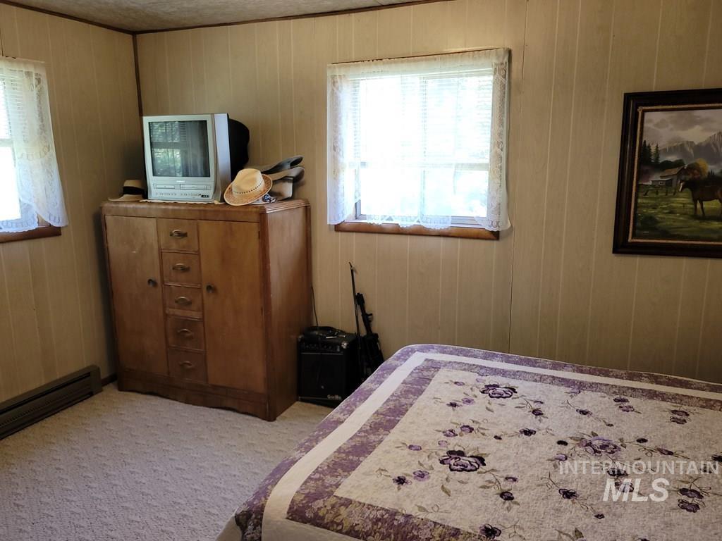 Bedroom with multiple windows, carpet flooring, a baseboard radiator, and wood walls