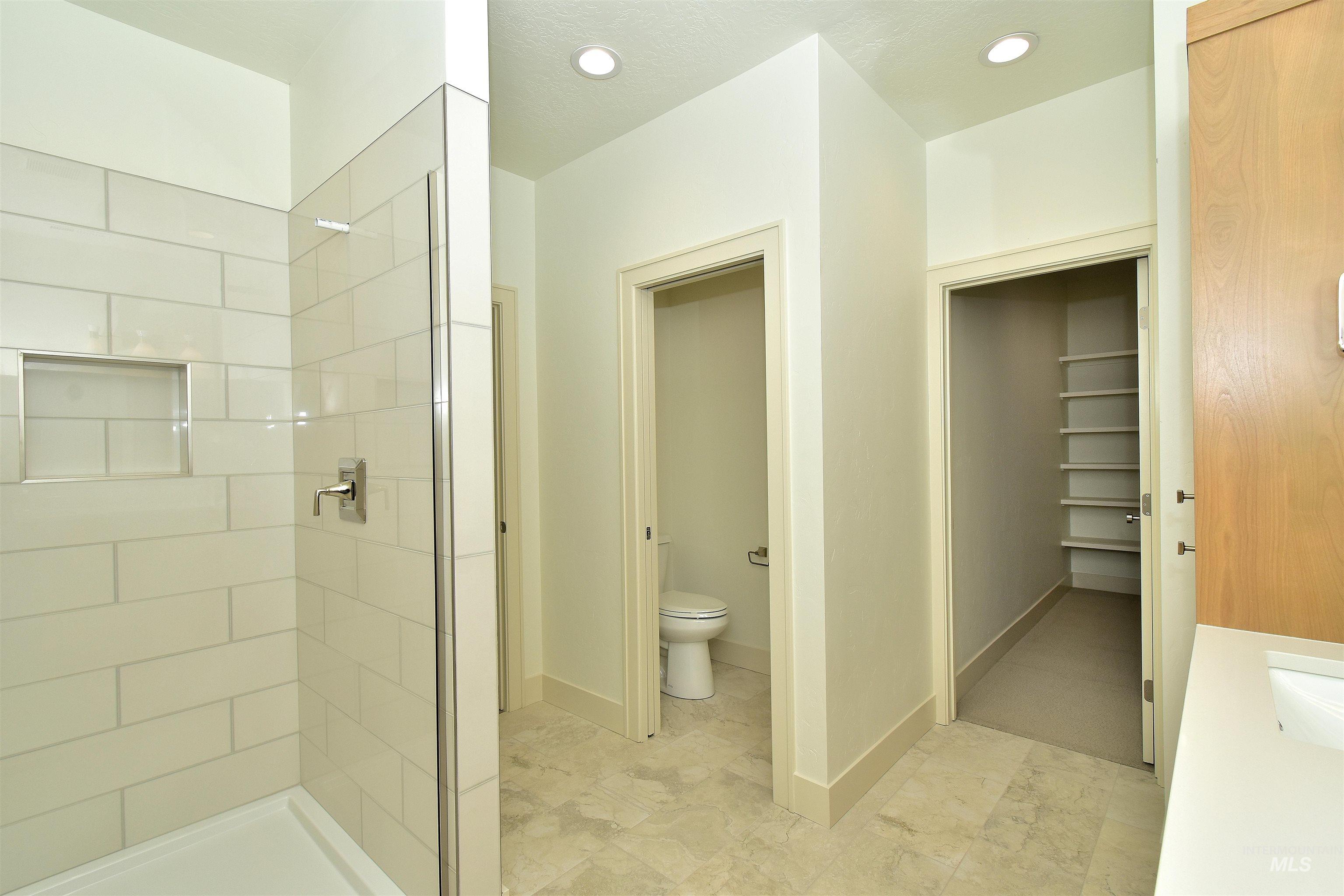 Full bathroom with a shower stall, vanity, recessed lighting, and a spacious closet