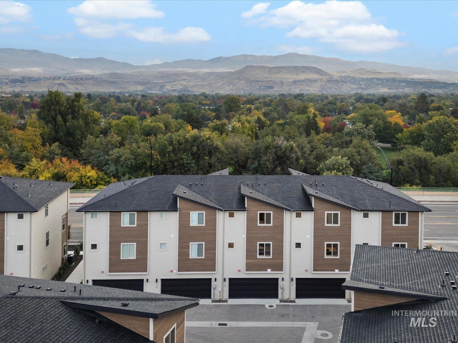 Aerial perspective of suburban area with mountains