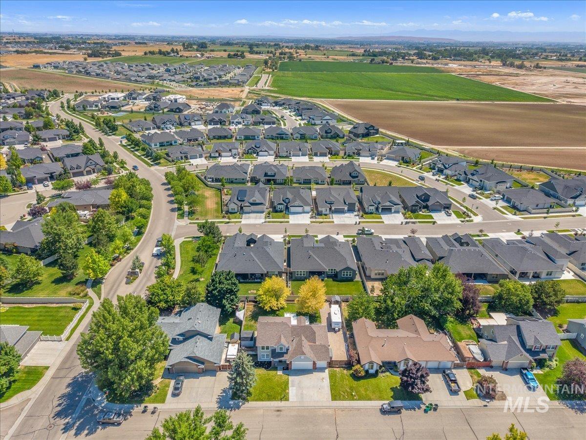 Aerial perspective showcasing a residential development with structured street layouts