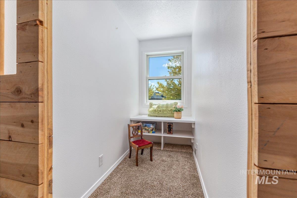 Compact bonus space featuring a window, built-in shelving, white walls, carpet flooring, and a wood-finish doorway