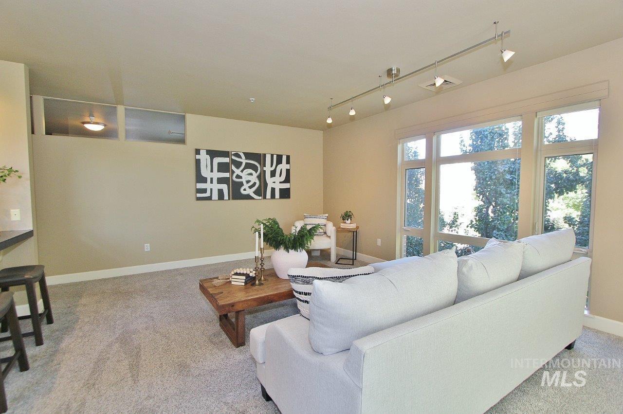 Living area featuring rail lighting and light carpet