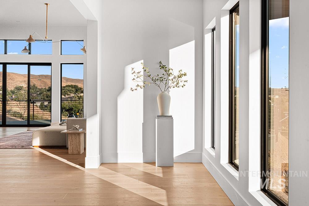 Doorway featuring plenty of natural light, a mountain view, and wood finished floors