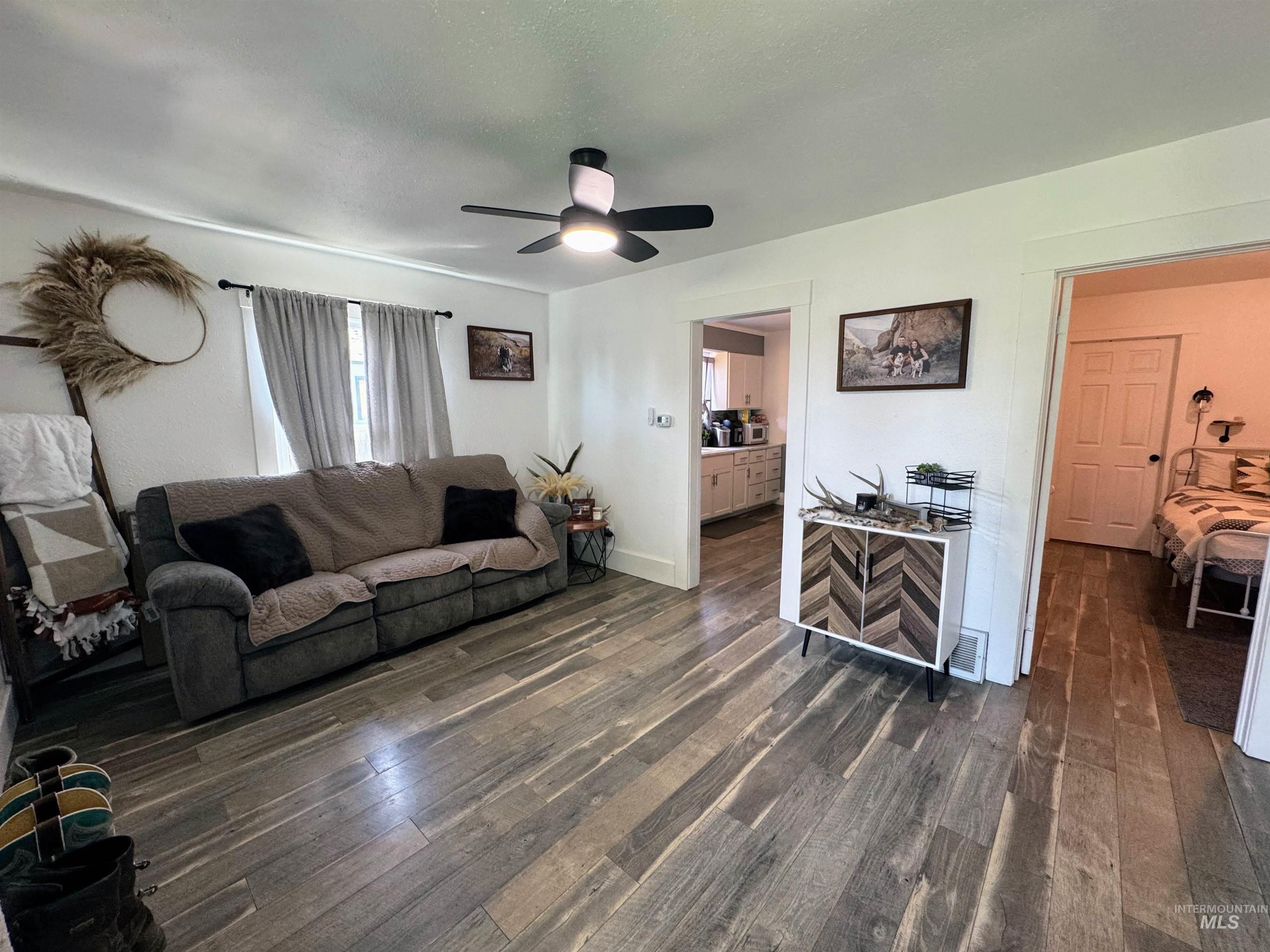 Living room featuring ceiling fan and dark wood-type flooring