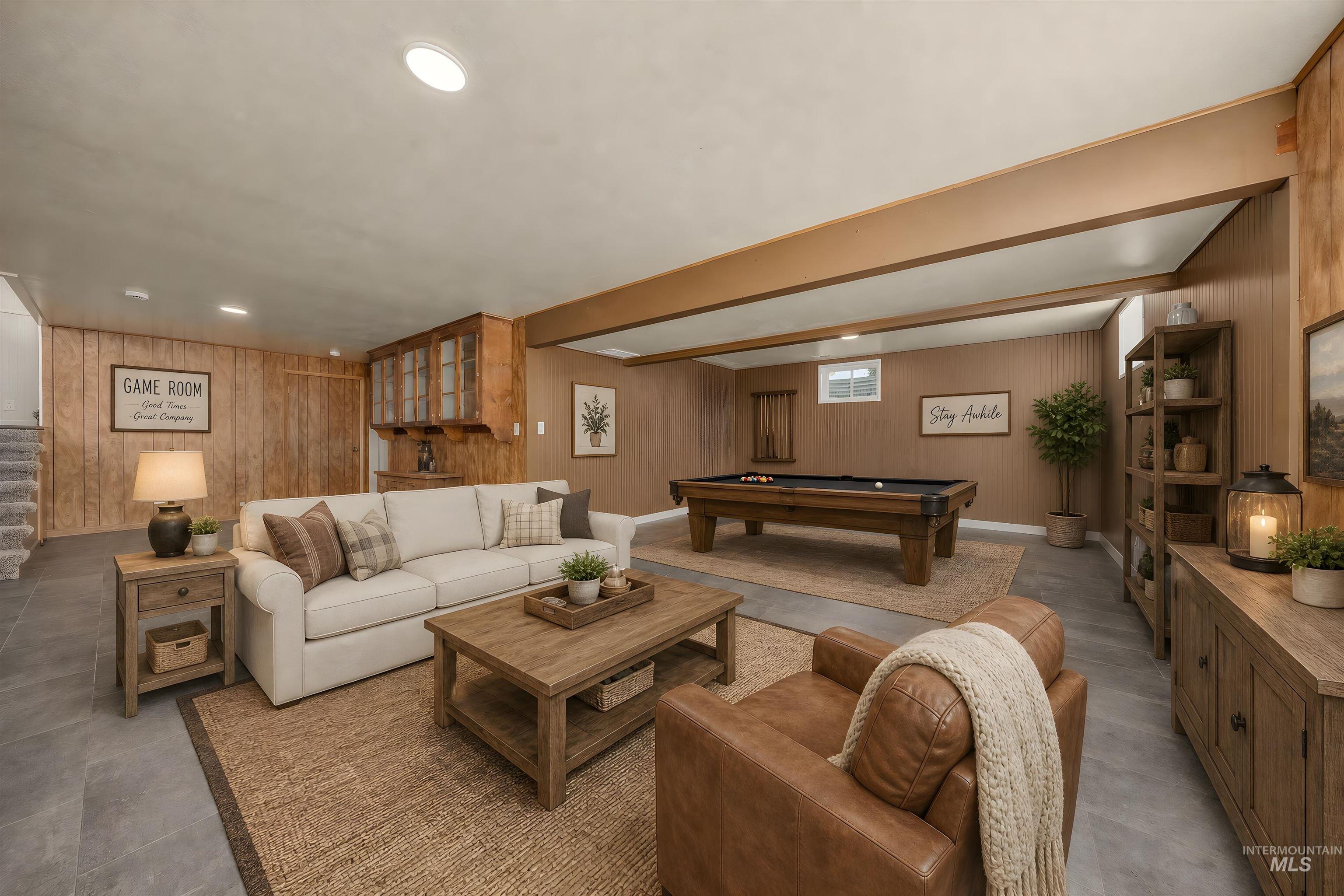 Recreation space featuring a pool table, recessed lighting, built-in cabinetry, and neutral-toned wall paneling