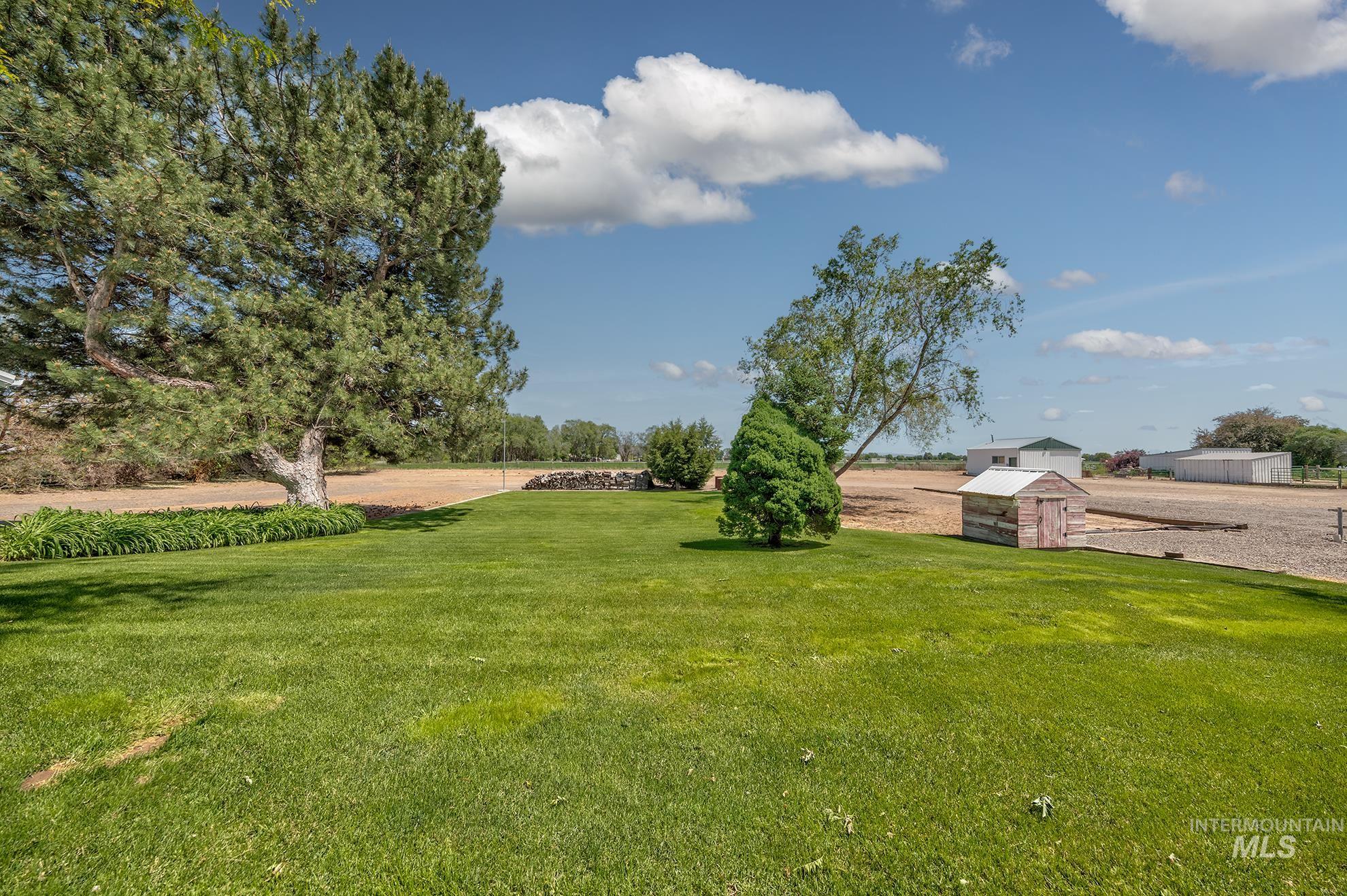 Expansive green lawn featuring mature trees, a small shed with a white metal roof, and distant outbuildings