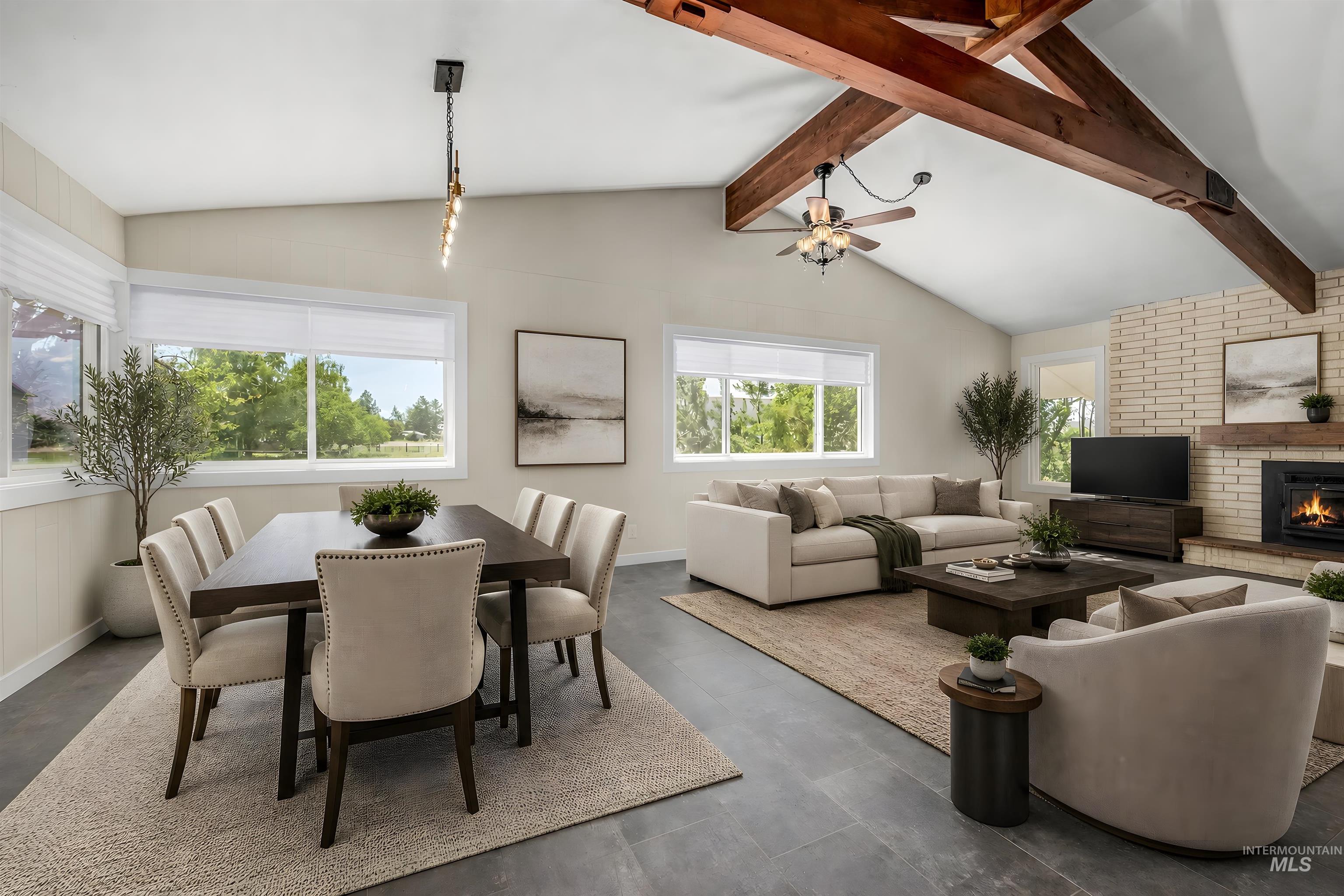 Vaulted ceiling with exposed wood beams